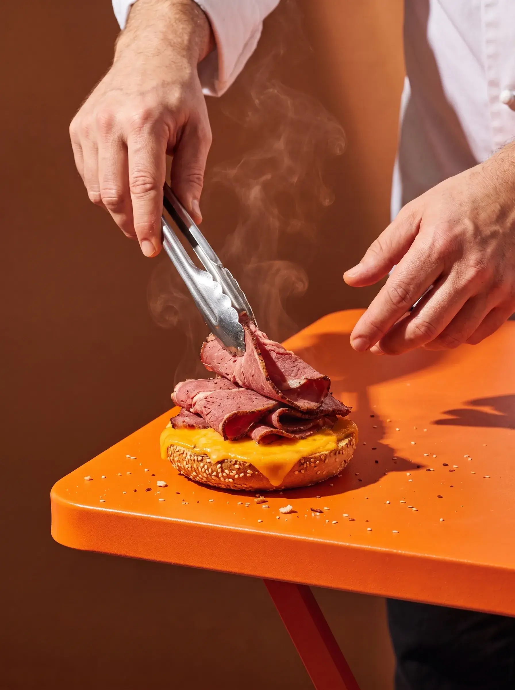 Chef déposant des tranches de pastrami fumantes avec une pince sur un bagel cheese sur table orange