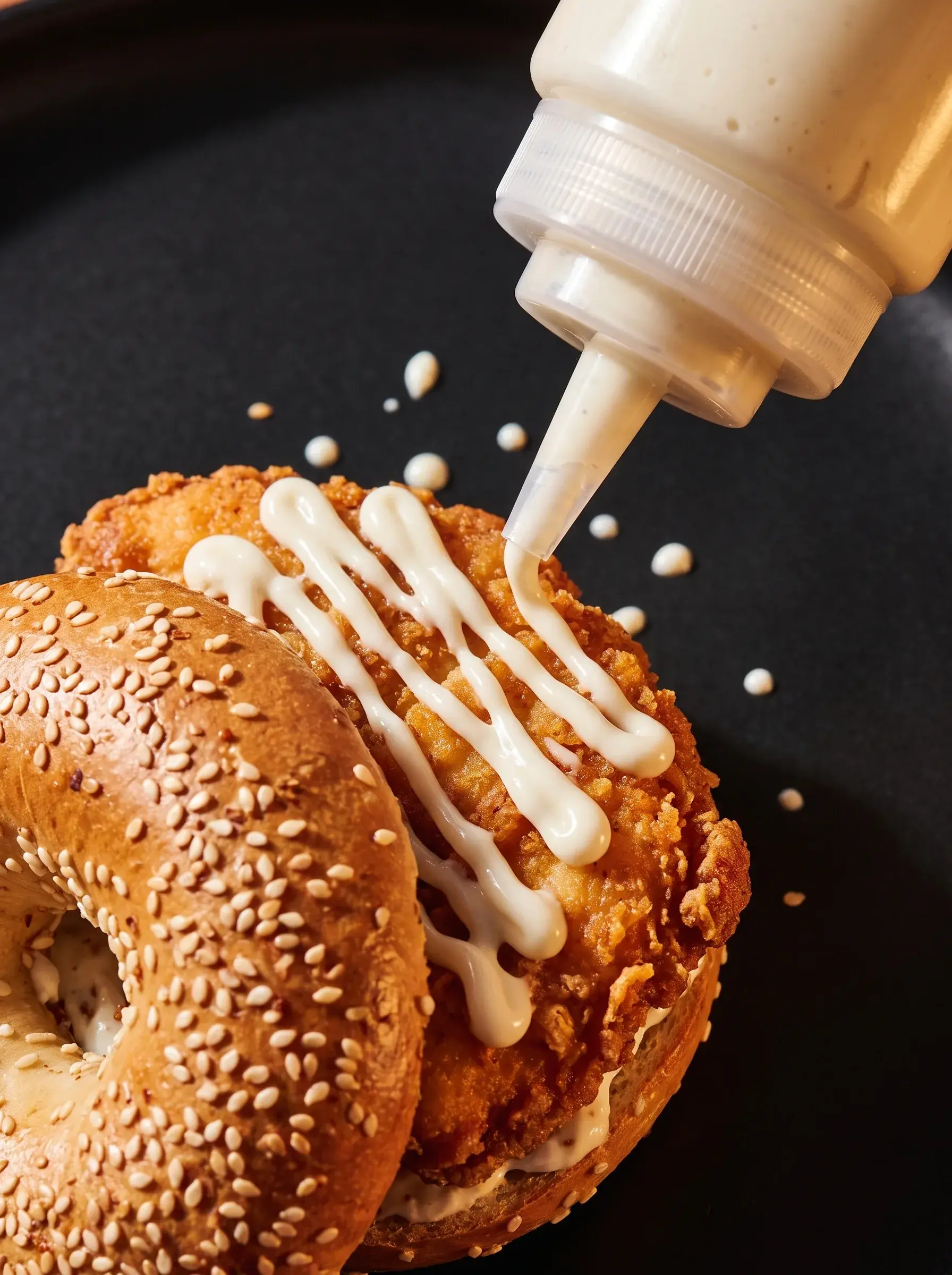 Sauce ranch versée en filets depuis un flacon squeeze sur un bagel poulet frit sur fond noir