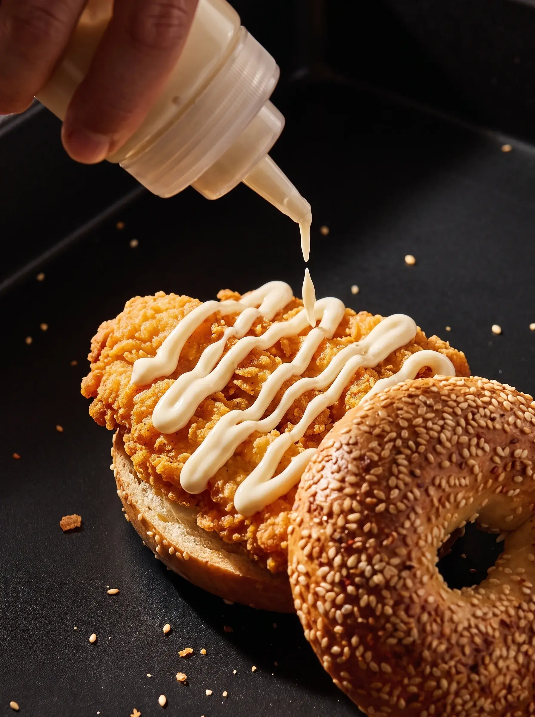 Gros plan d'une sauce blanche versée sur un bagel poulet frit croustillant sur fond noir