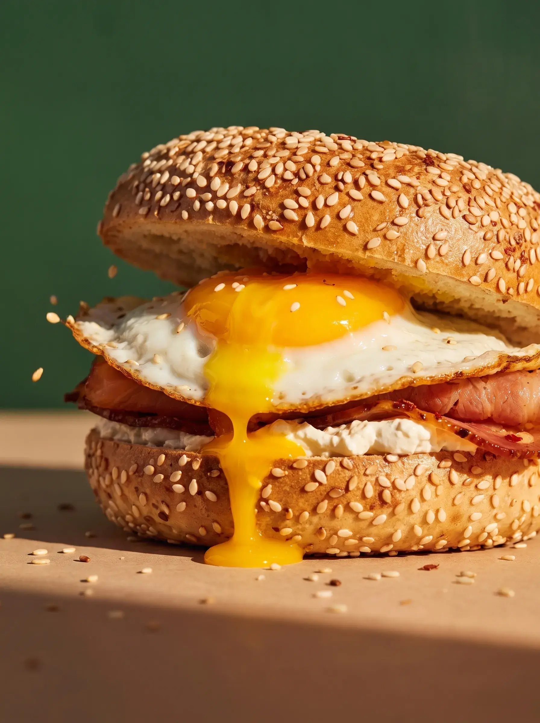 Bagel œuf au plat bacon avec jaune coulant sur surface beige fond vert studio