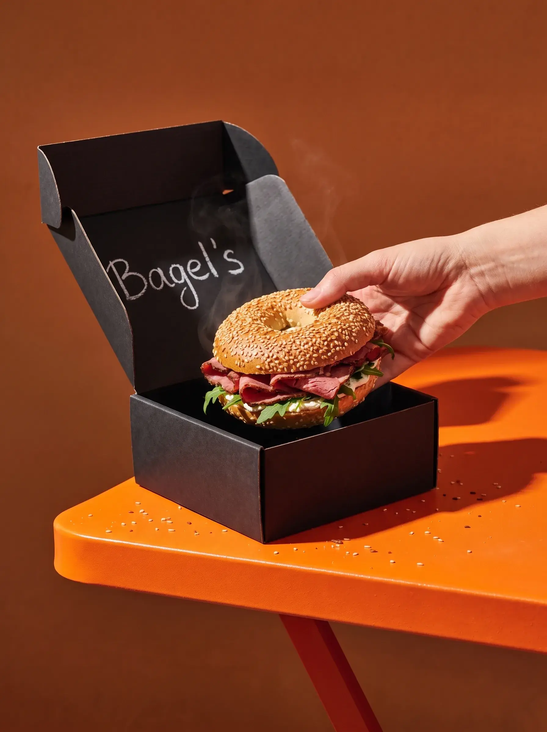 Main ouvrant une boîte noire Bagel's révélant un bagel pastrami roquette sur table orange