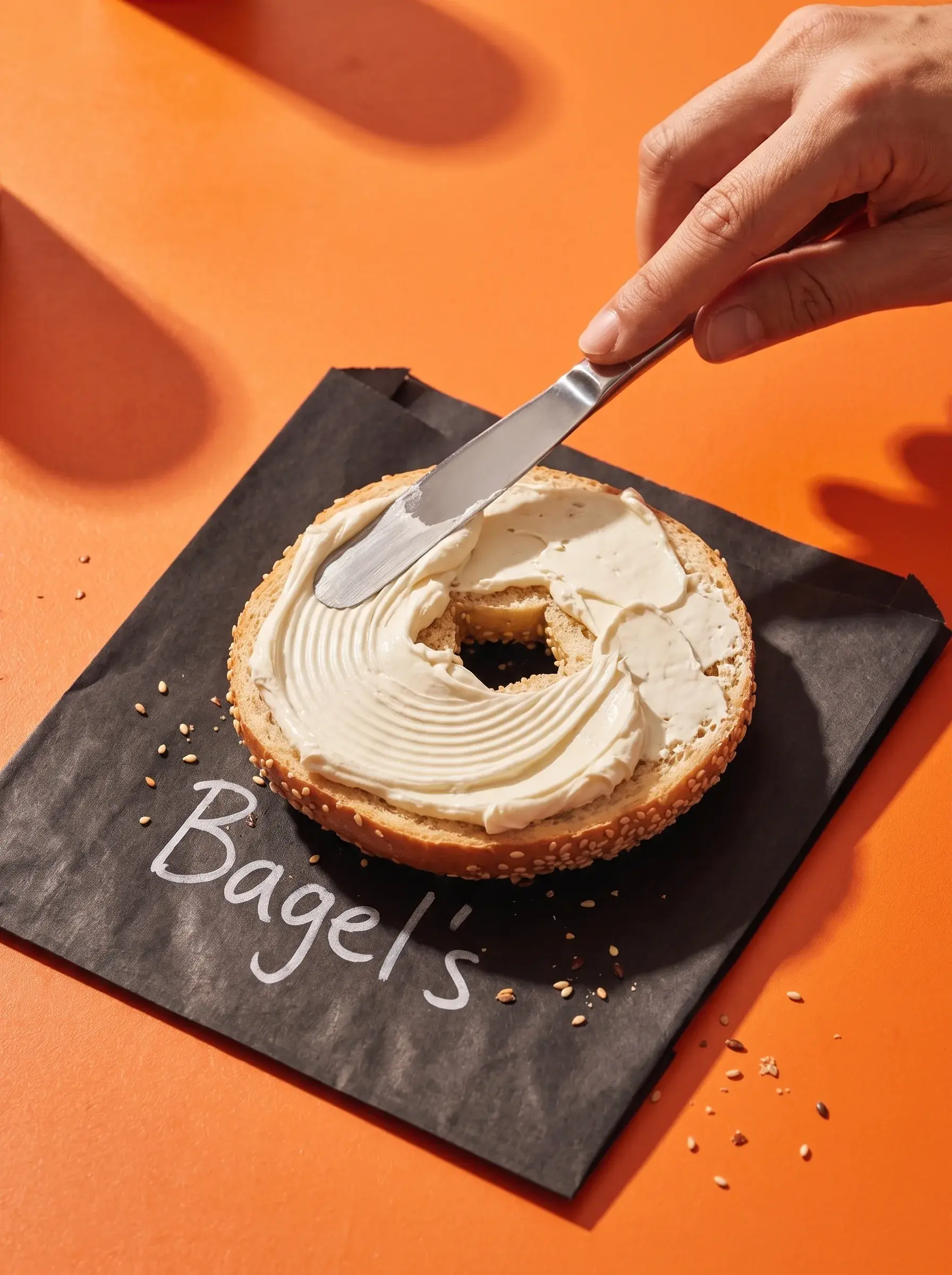 Main étalant du cream cheese avec un couteau sur un bagel posé sur papier Bagel's fond orange