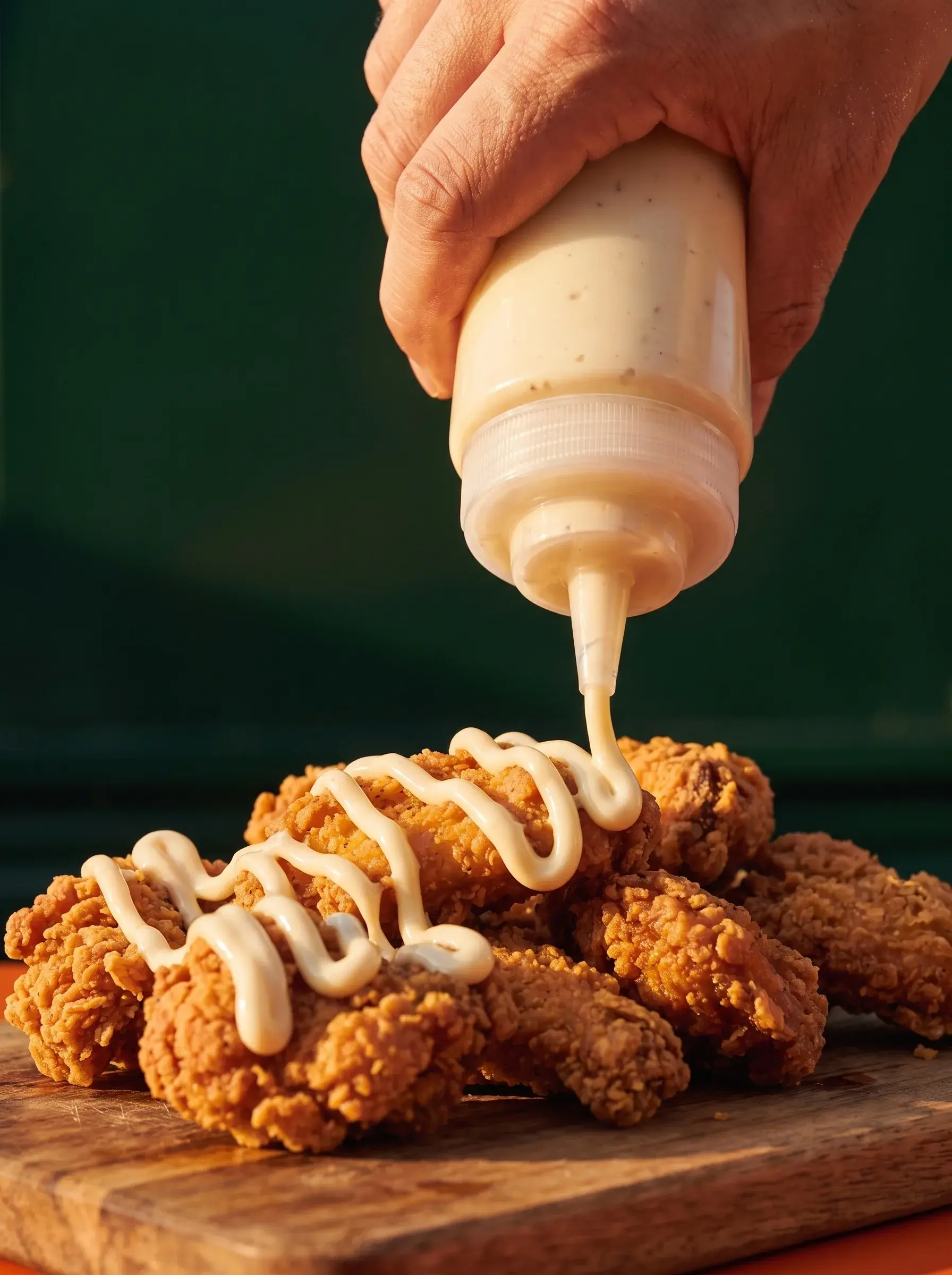 Main versant une sauce ranch sur des chicken tenders frits croustillants sur planche bois fond vert