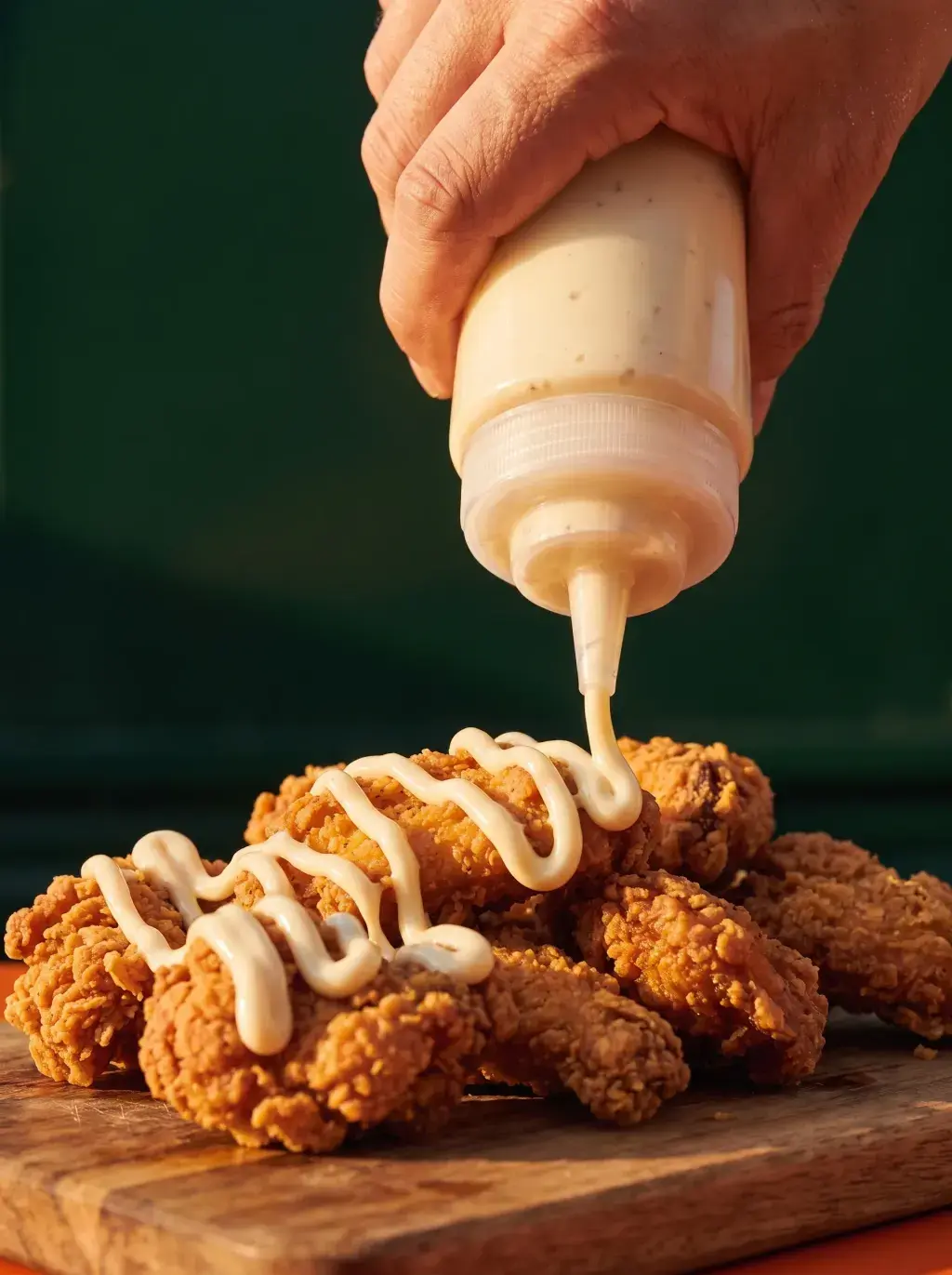 Main versant une sauce ranch sur des chicken tenders frits croustillants sur planche bois fond vert