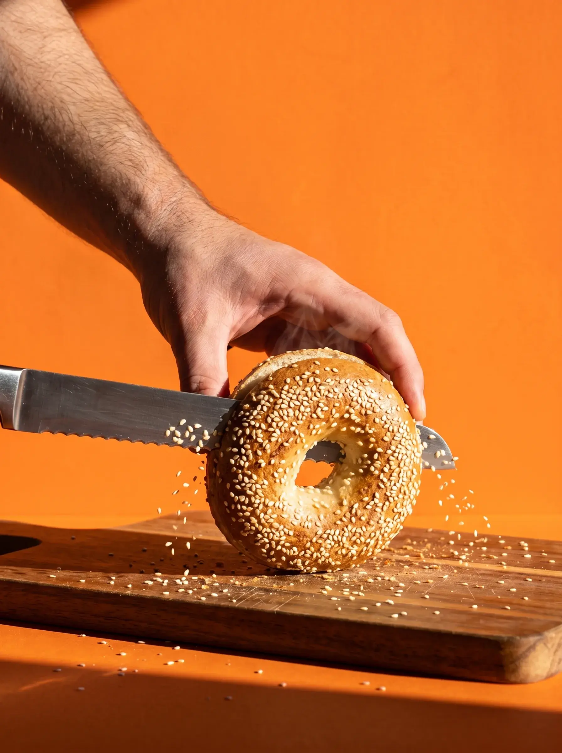 Main coupant un bagel au sésame avec un couteau à pain sur planche bois graines qui volent fond orange