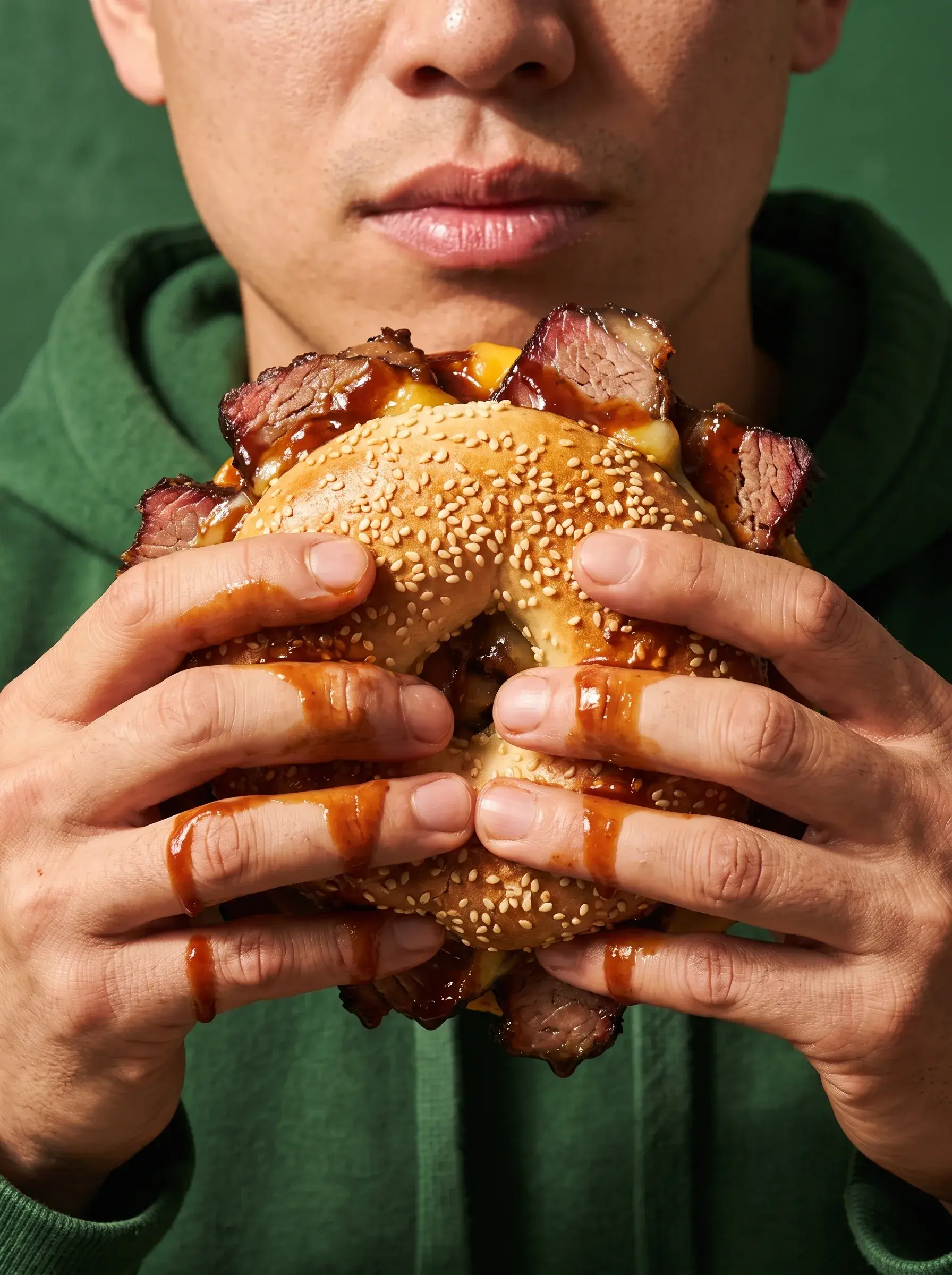 Homme asiatique tenant un énorme bagel brisket BBQ sauce BBQ sur les doigts sur fond vert