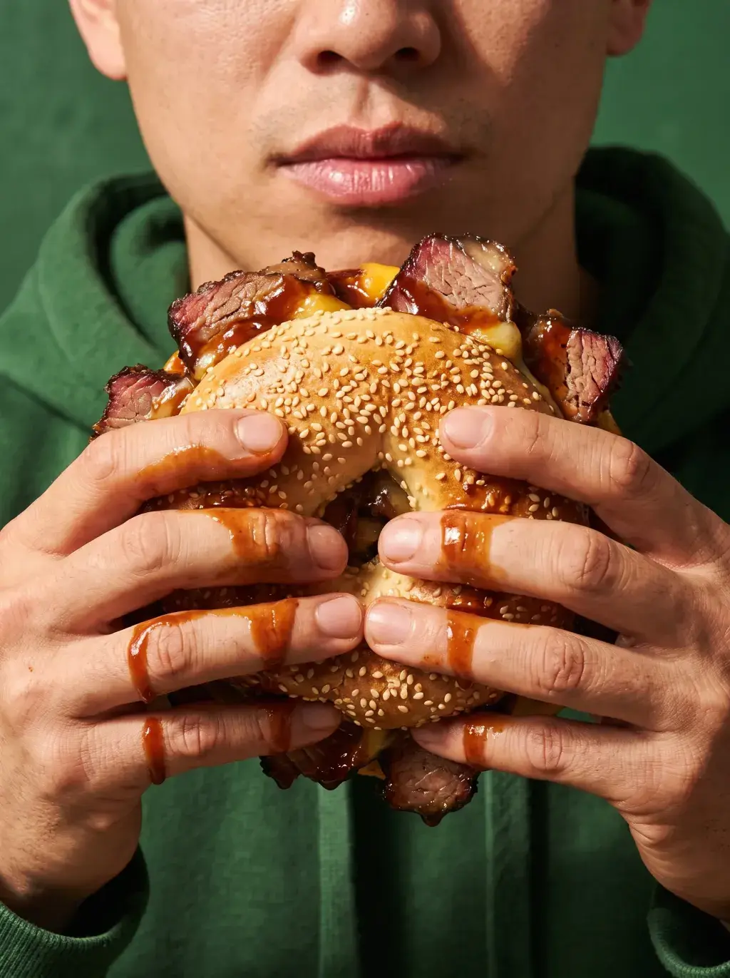 Homme asiatique tenant un énorme bagel brisket BBQ sauce BBQ sur les doigts sur fond vert