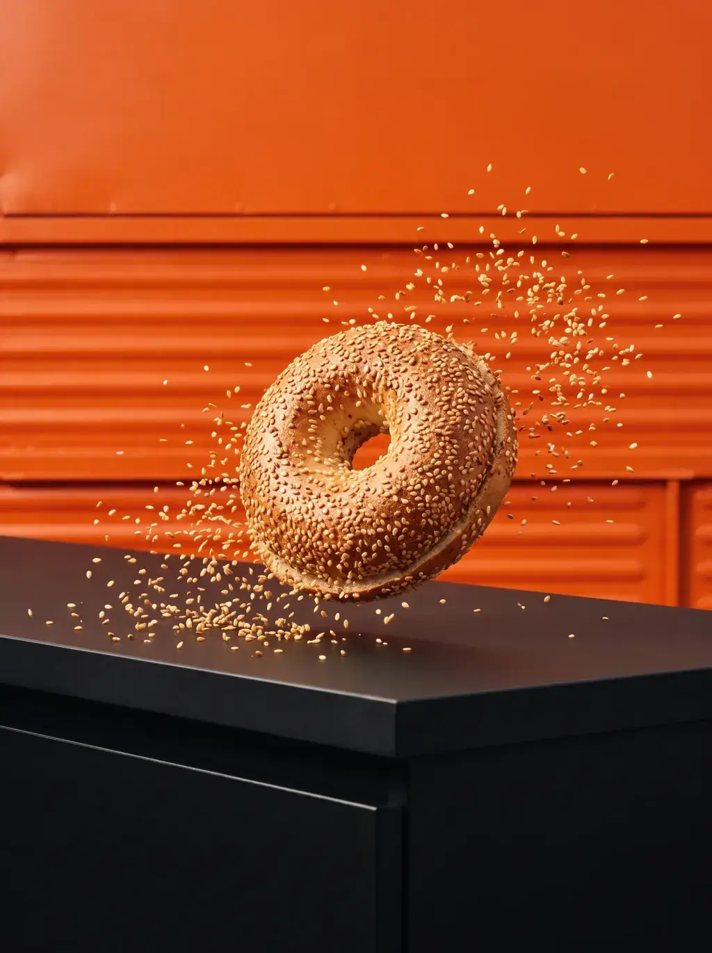 Bagel au sésame en lévitation avec graines projetées en explosion sur comptoir noir fond orange food truck