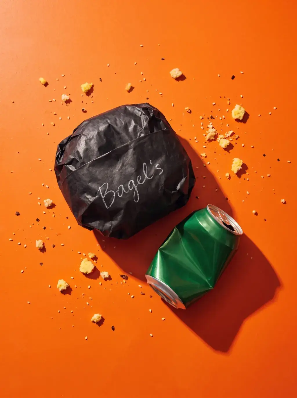 Vue du dessus du sac Bagel's froissé et canette verte écrasée sur fond orange vif