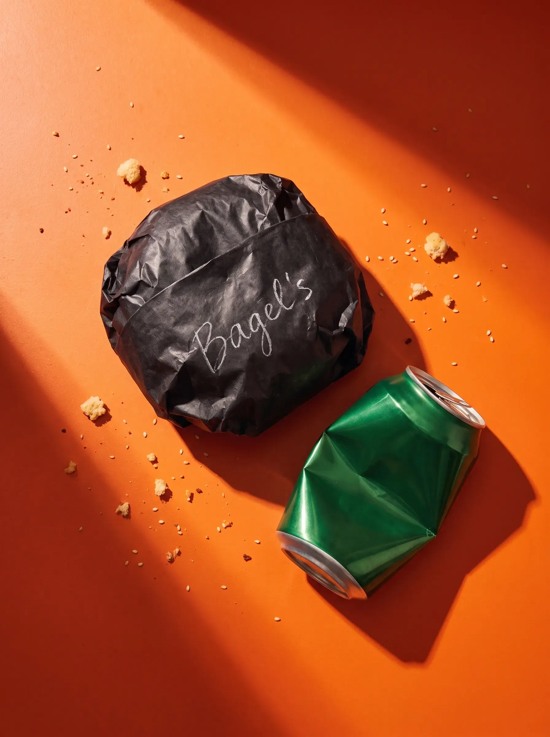 Sac papier Bagel's et canette verte écrasée sur fond orange sous lumière rasante