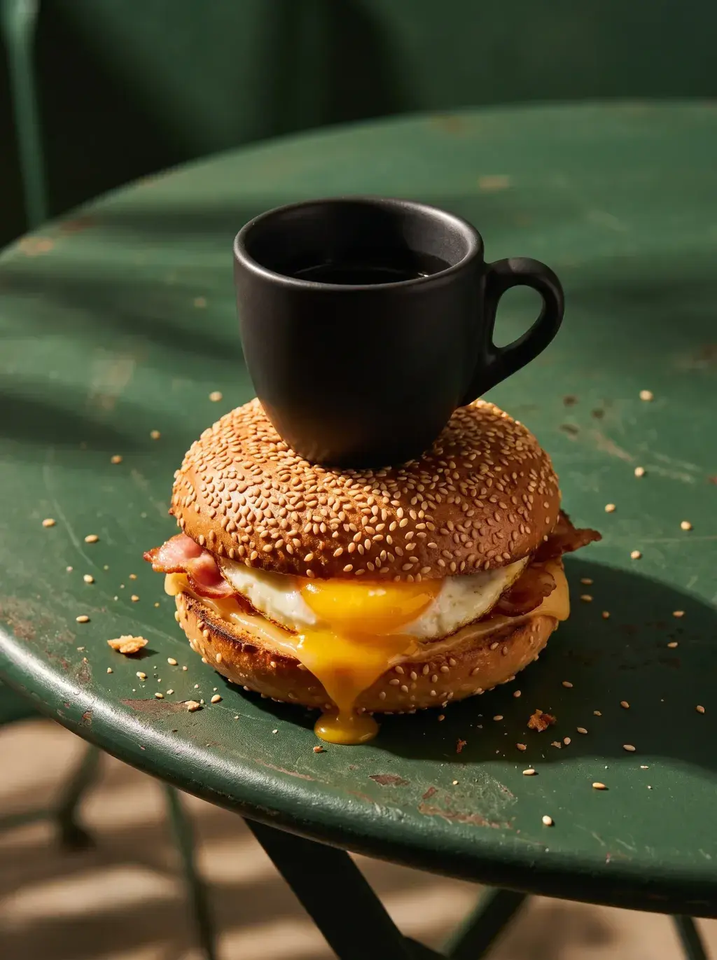 Bagel bacon œuf fromage fondu avec tasse de café posée en équilibre dessus sur table verte