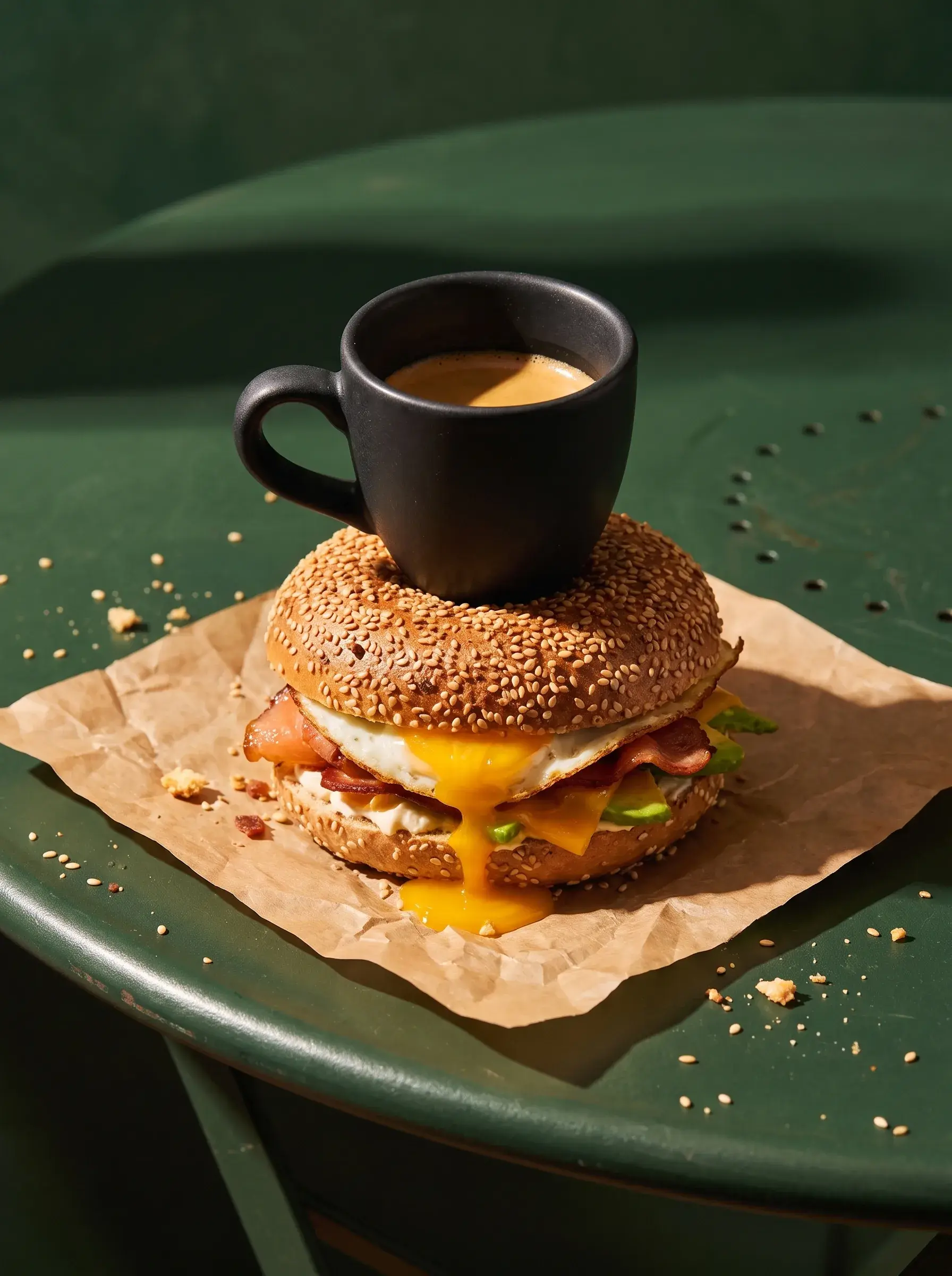 Bagel bacon œuf fromage coulant sur papier kraft avec tasse de café sur table verte