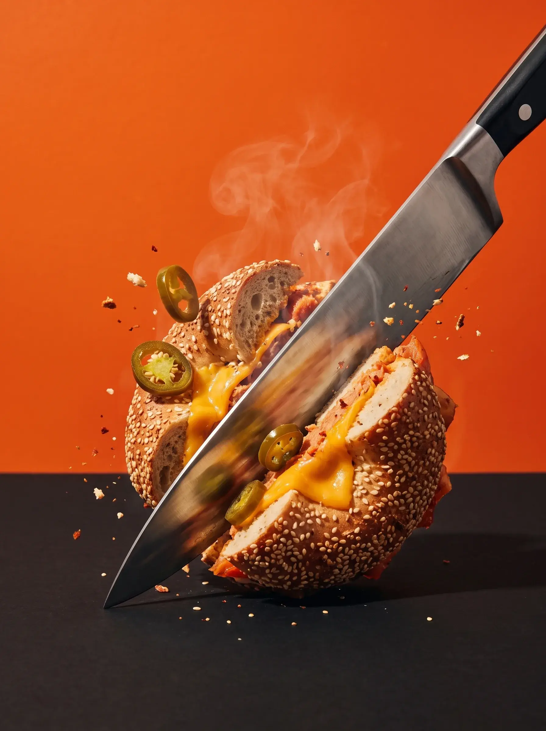 Couteau de chef tranchant un bagel poulet jalapeño fromage fondu avec vapeur, fond orange