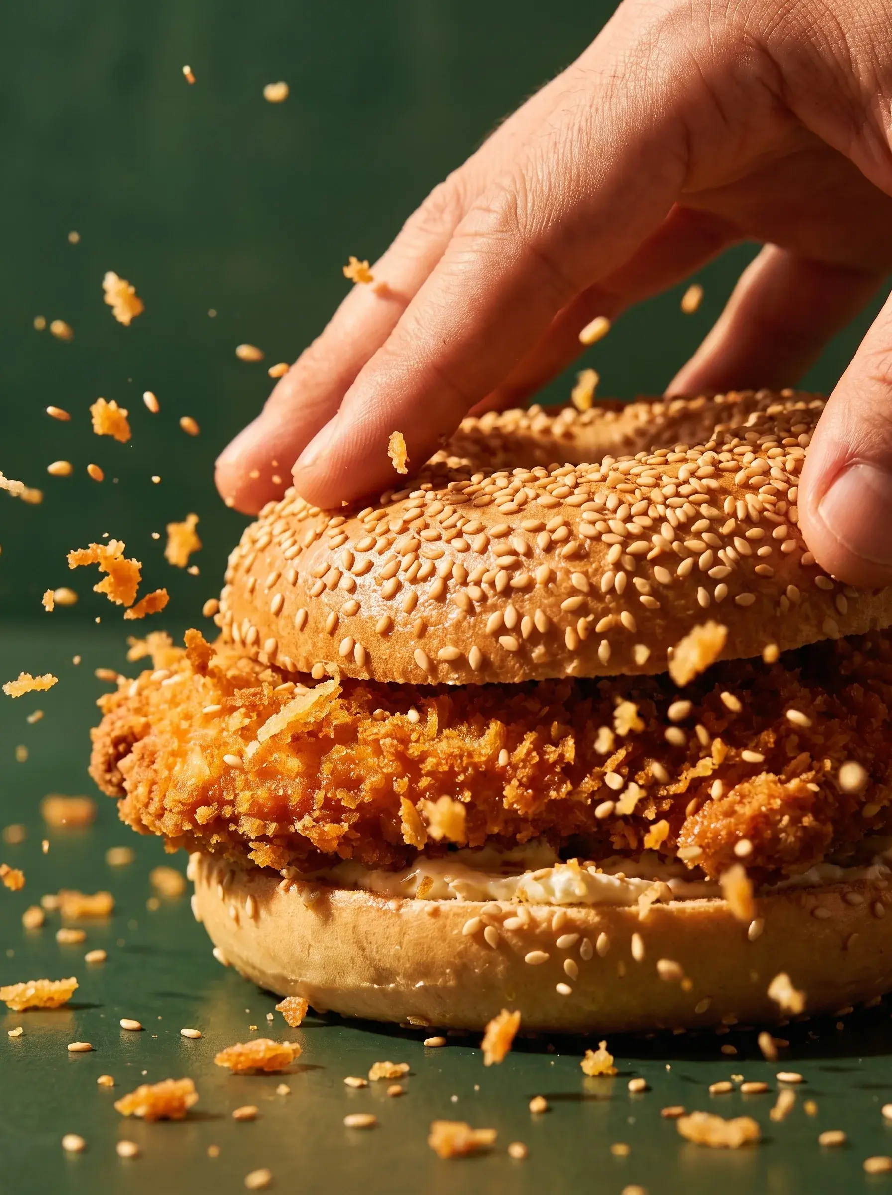 Main pressant un bagel poulet croustillant pour le fermer avec projection de miettes de panure