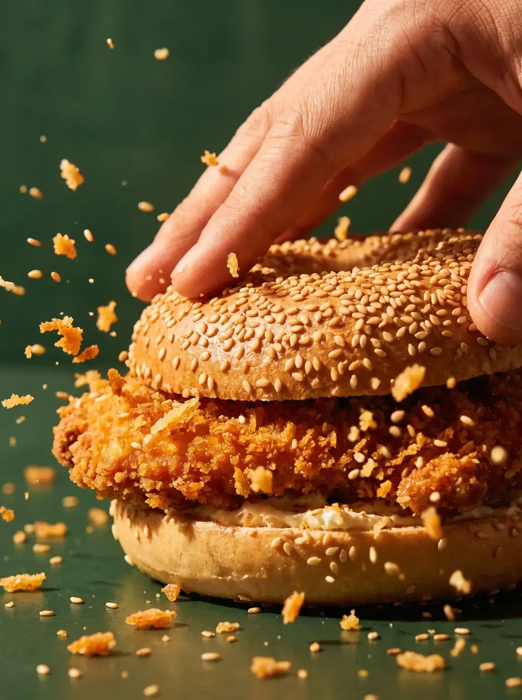 Main pressant un bagel poulet croustillant pour le fermer avec projection de miettes de panure