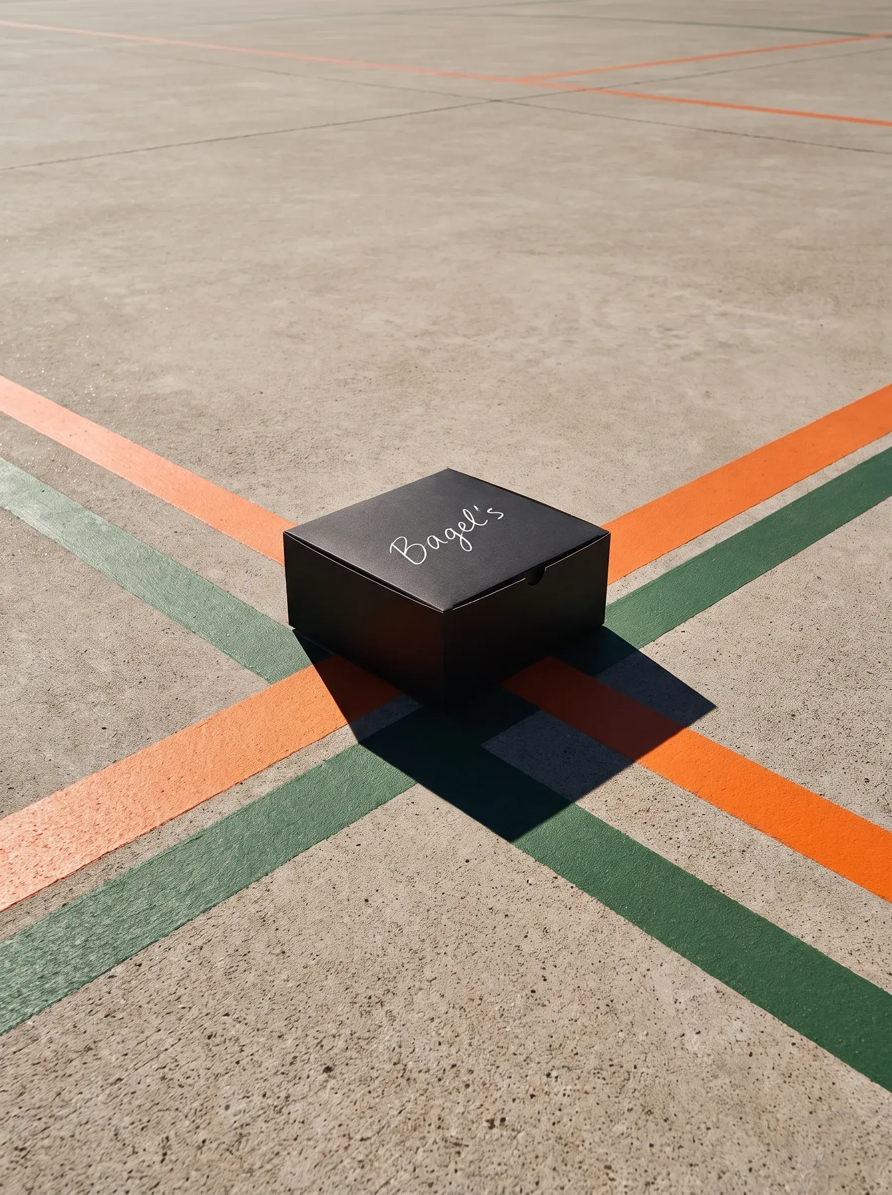 Boîte noire Bagel's au centre exact du croisement de lignes orange et vertes sur sol béton