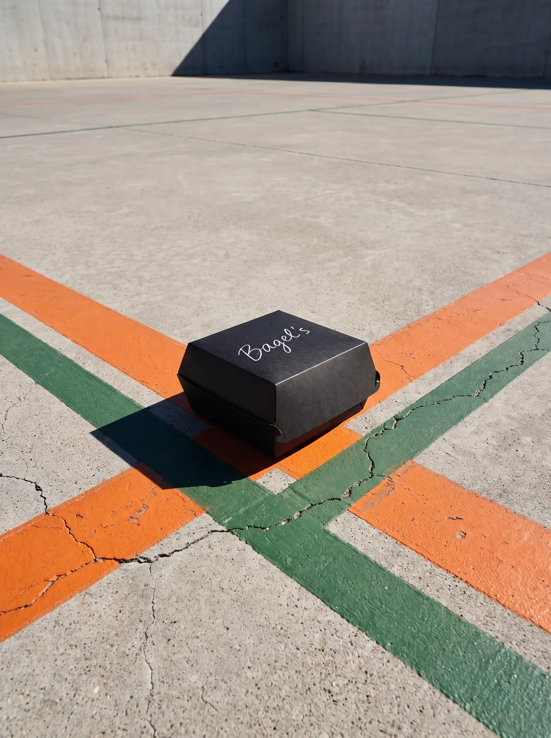 Boîte noire Bagel's sur sol béton avec lignes orange et vertes et mur derrière