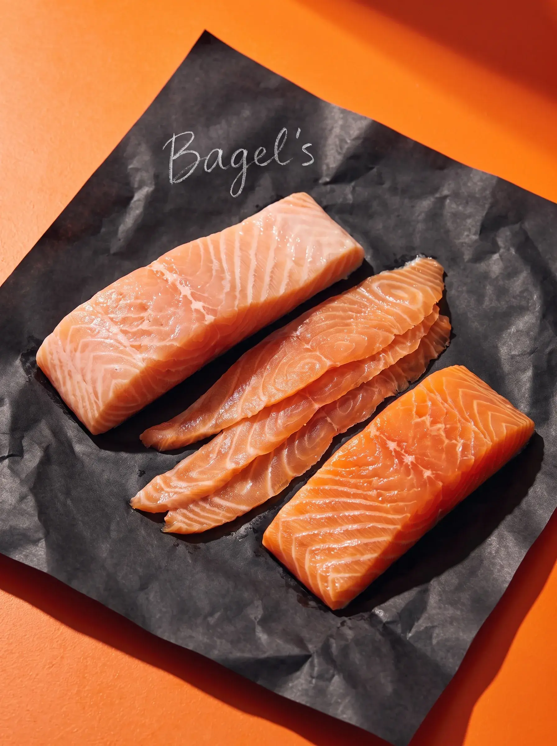 Trois filets de saumon cru disposés sur papier Bagel's noir sur fond orange
