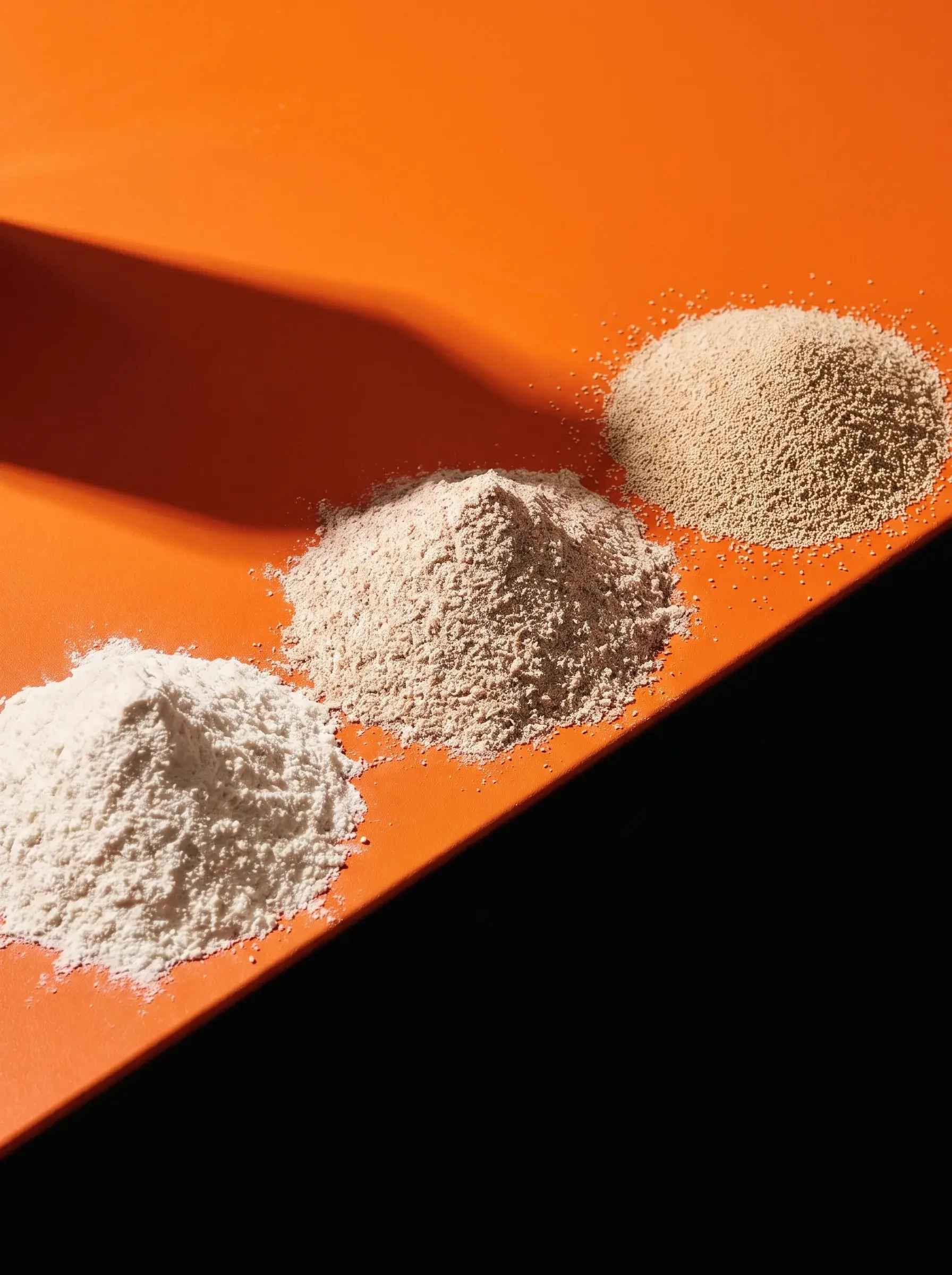 Trois petits tas de farines et graines de sésame sur fond orange avec ombre diagonale