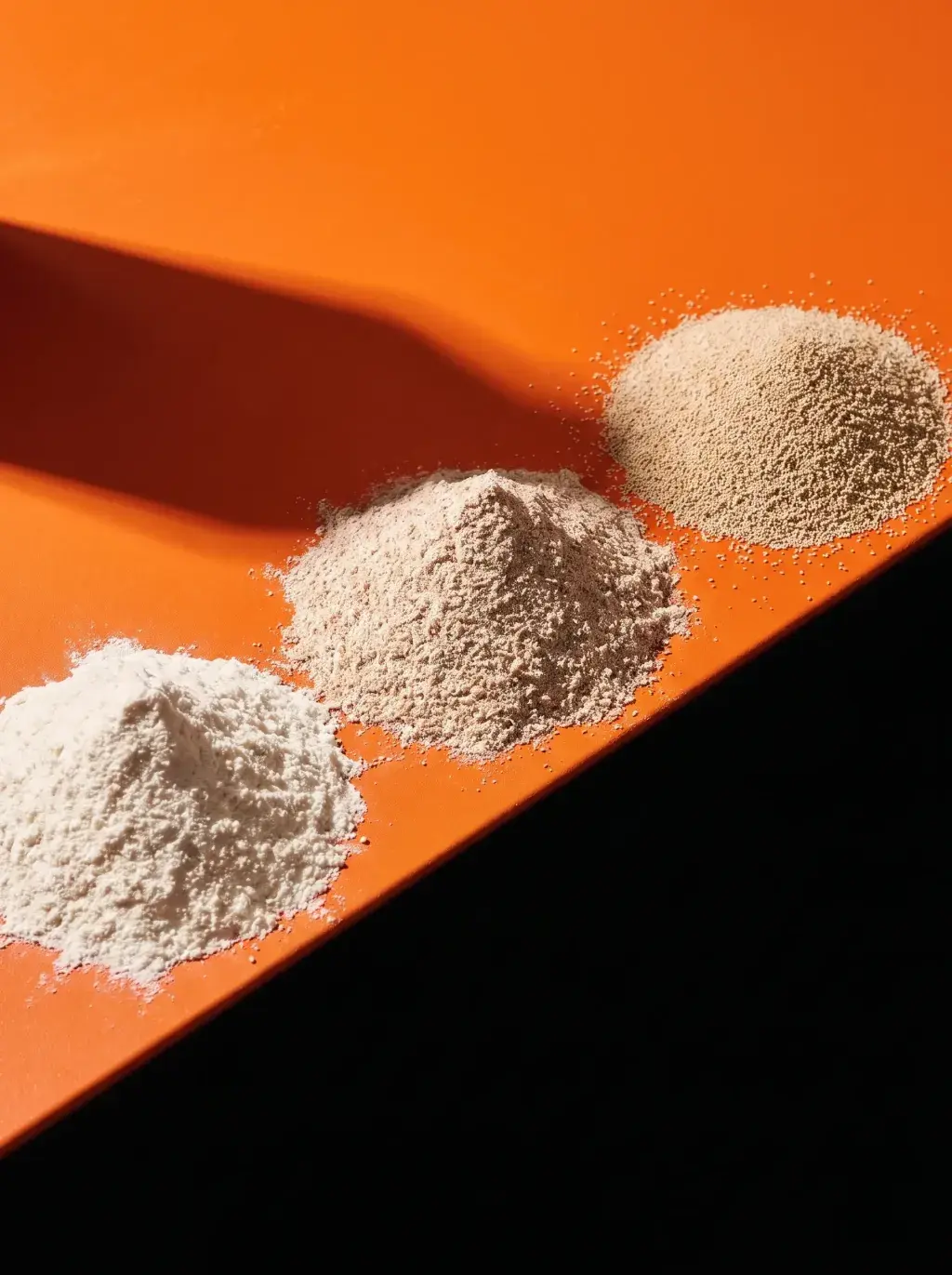 Trois petits tas de farines et graines de sésame sur fond orange avec ombre diagonale