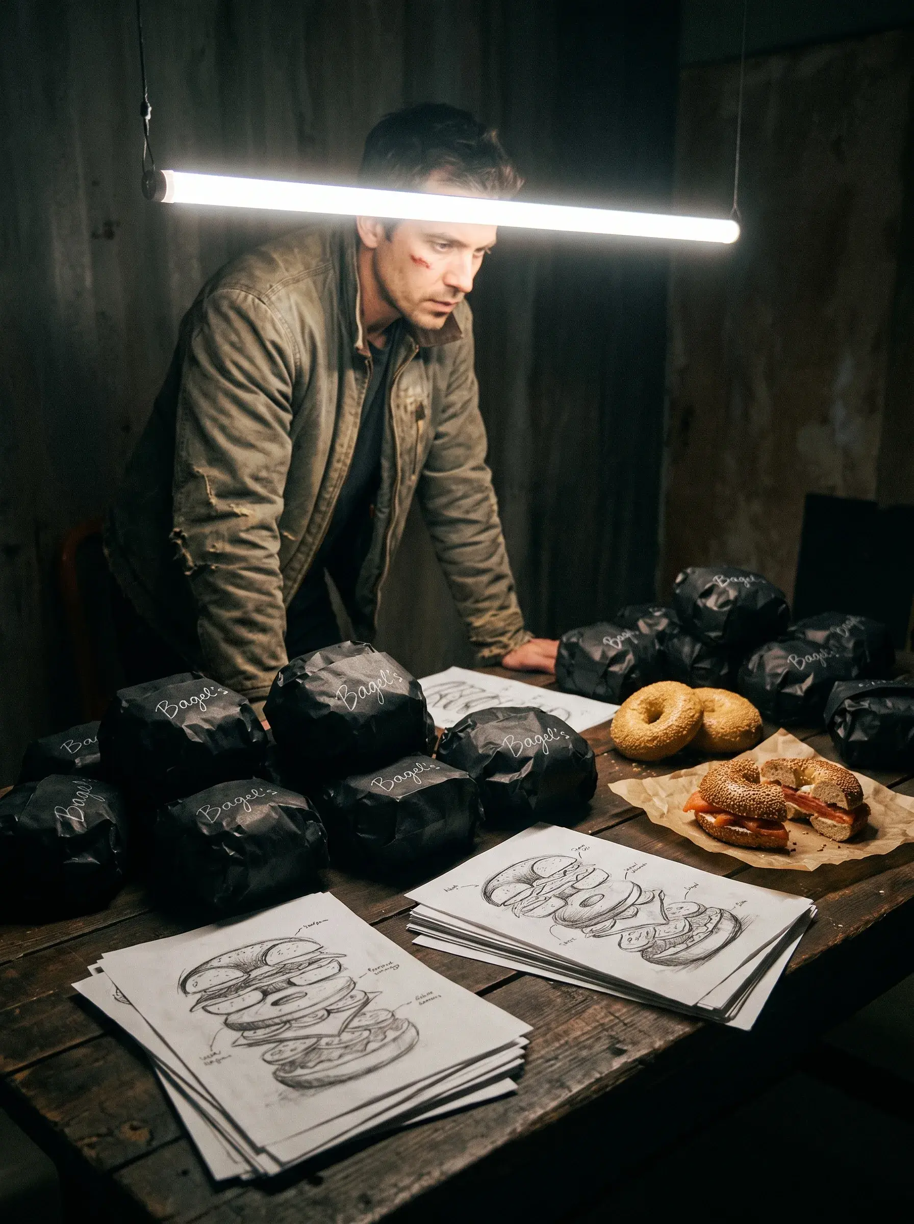 Homme penché sur une table avec sacs et boîtes Bagel's et croquis dans une pièce sombre
