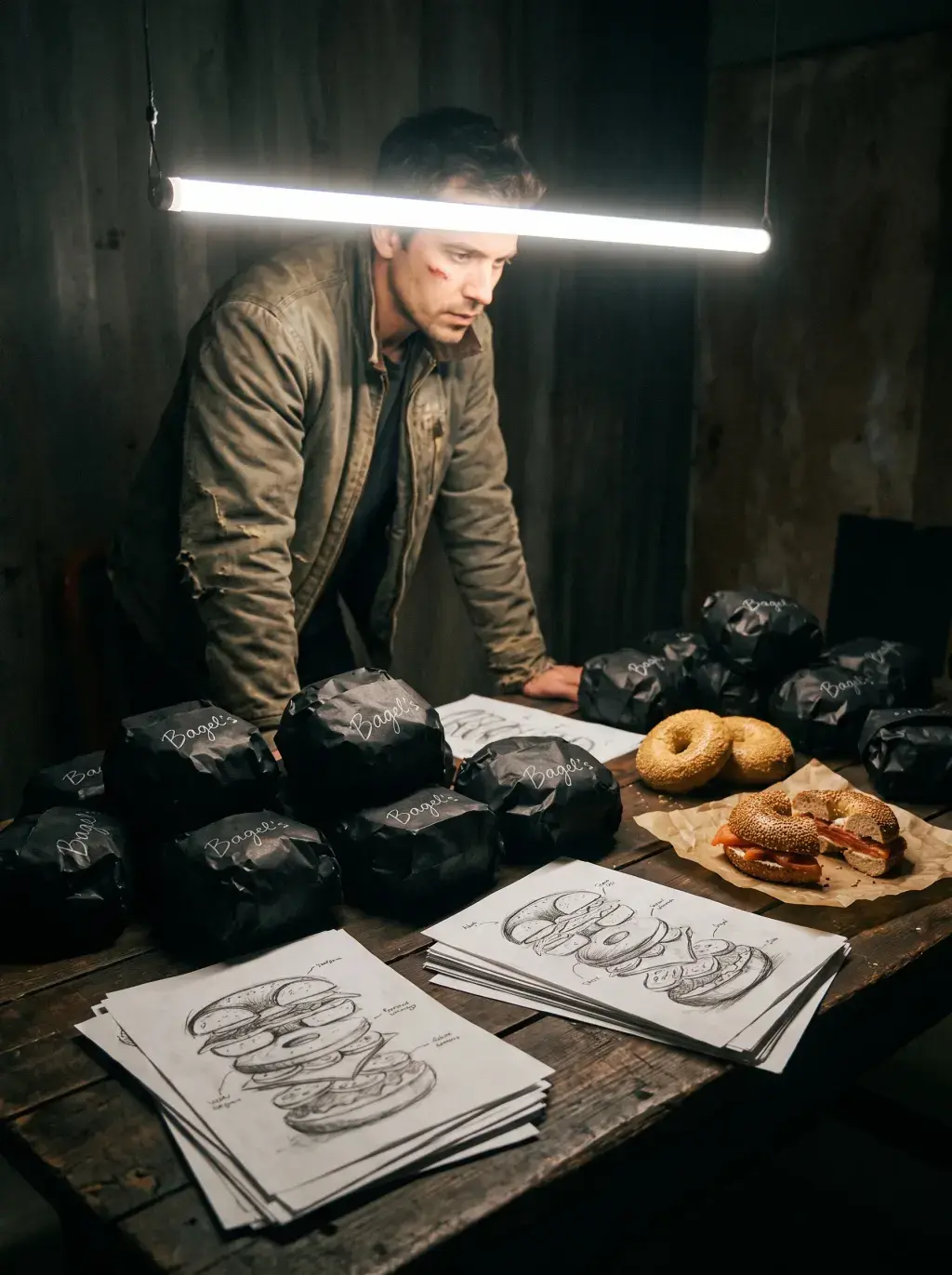 Homme penché sur une table avec sacs et boîtes Bagel's et croquis dans une pièce sombre