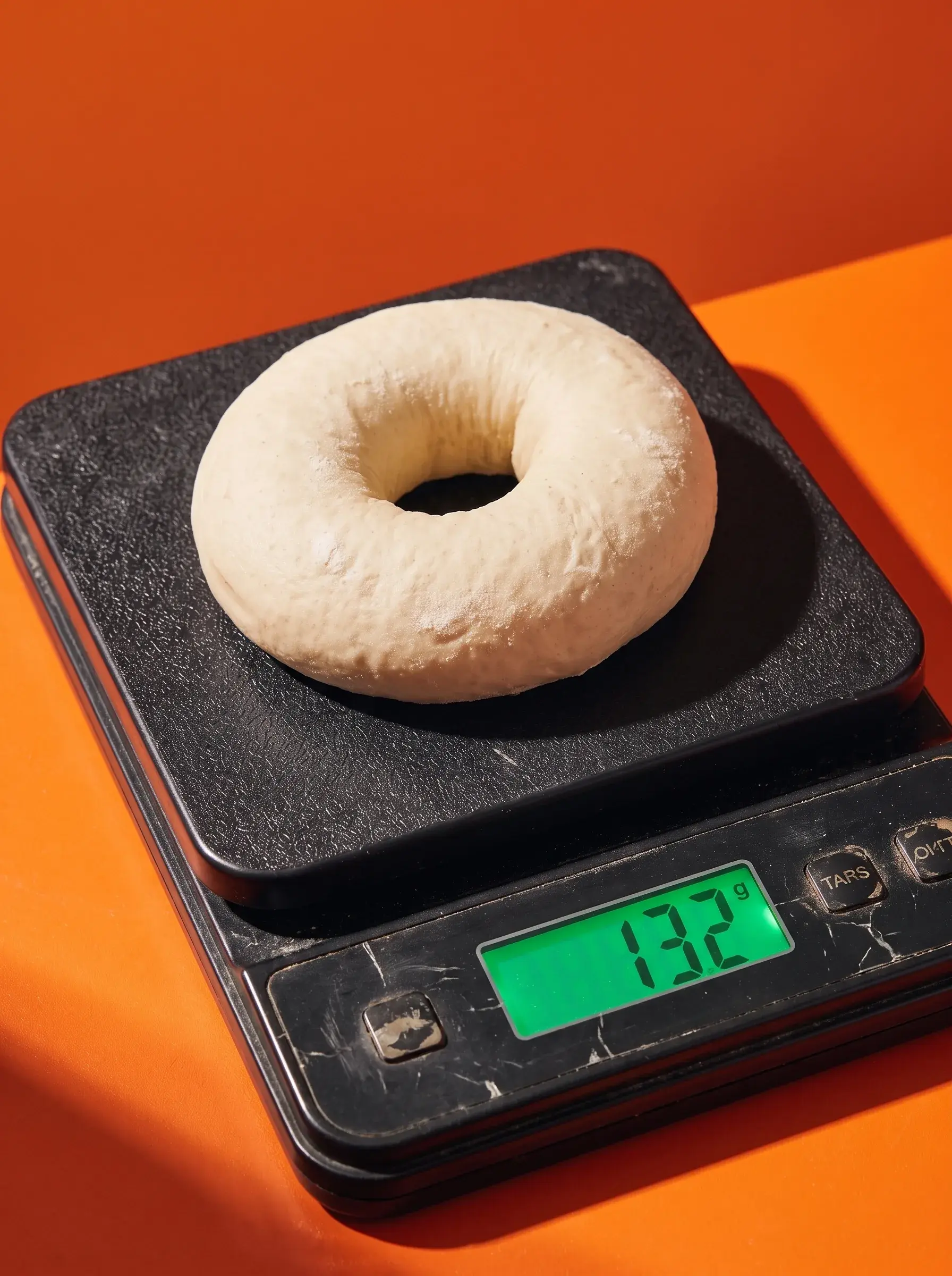 Pâte à bagel crue pesée à 132g sur une balance numérique noire sur fond orange