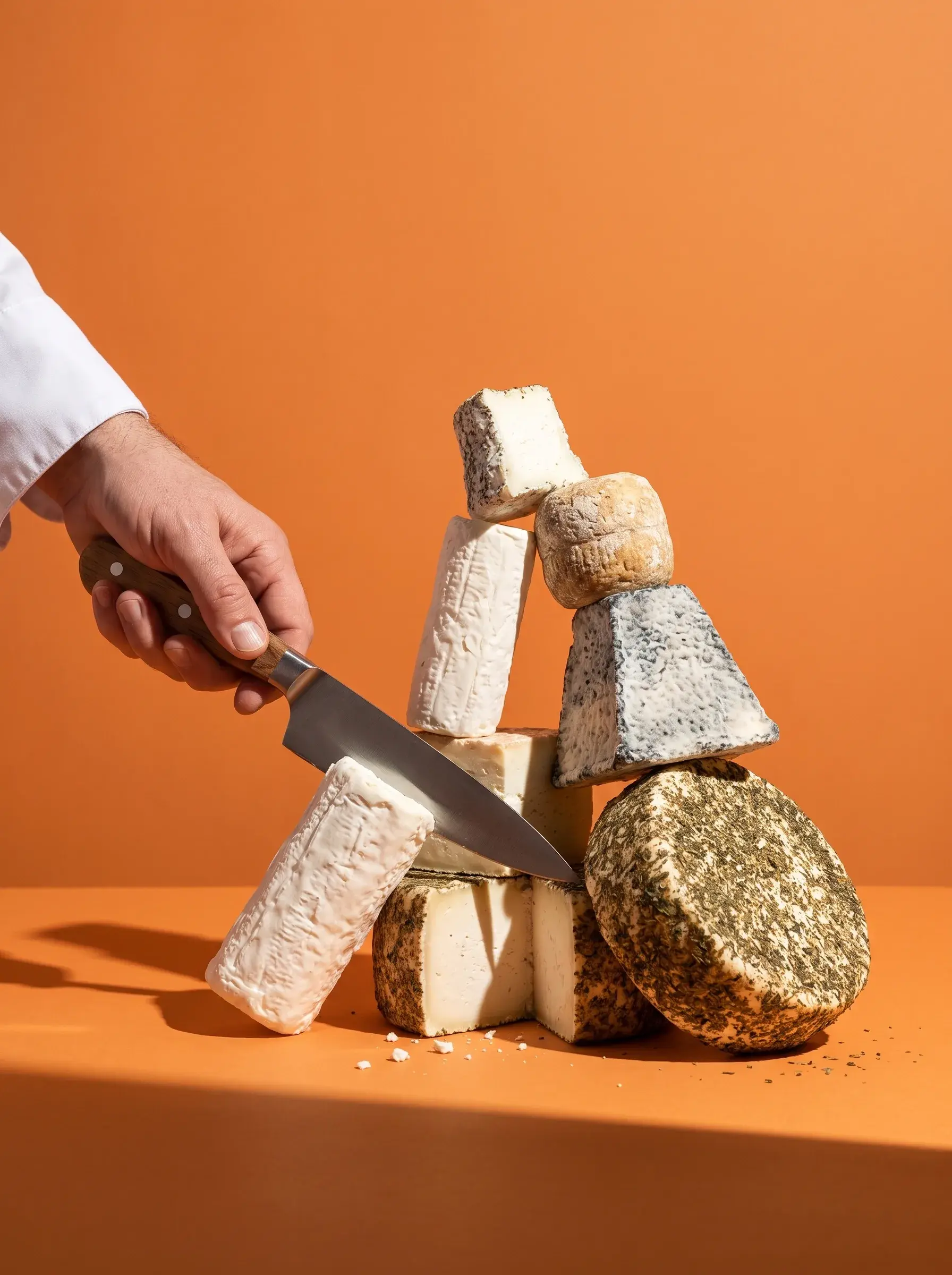 Main avec couteau tranchant une tour de fromages variés sur fond orange vif