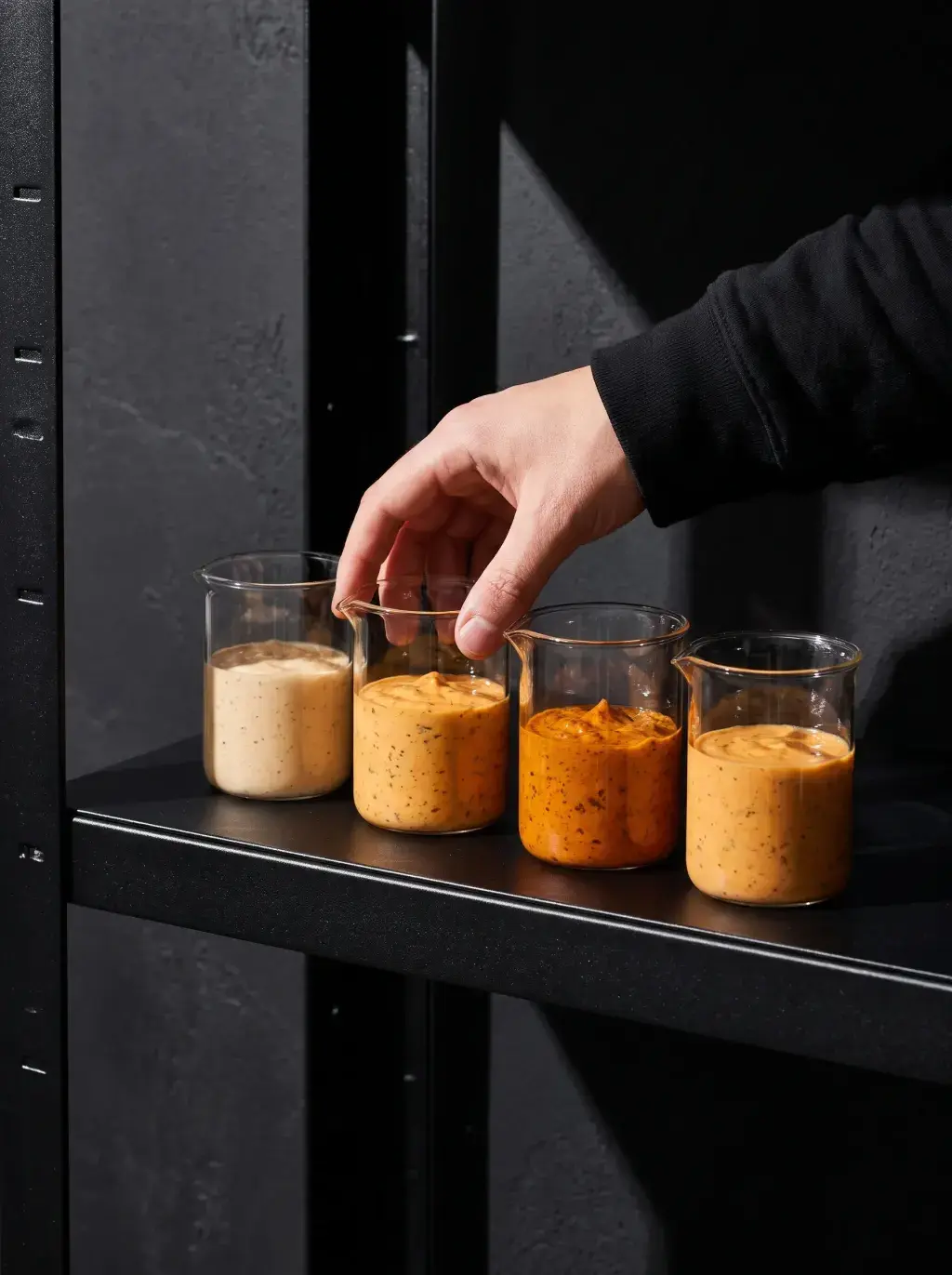 Main sélectionnant un bécher de sauce maison parmi quatre sur une étagère noire