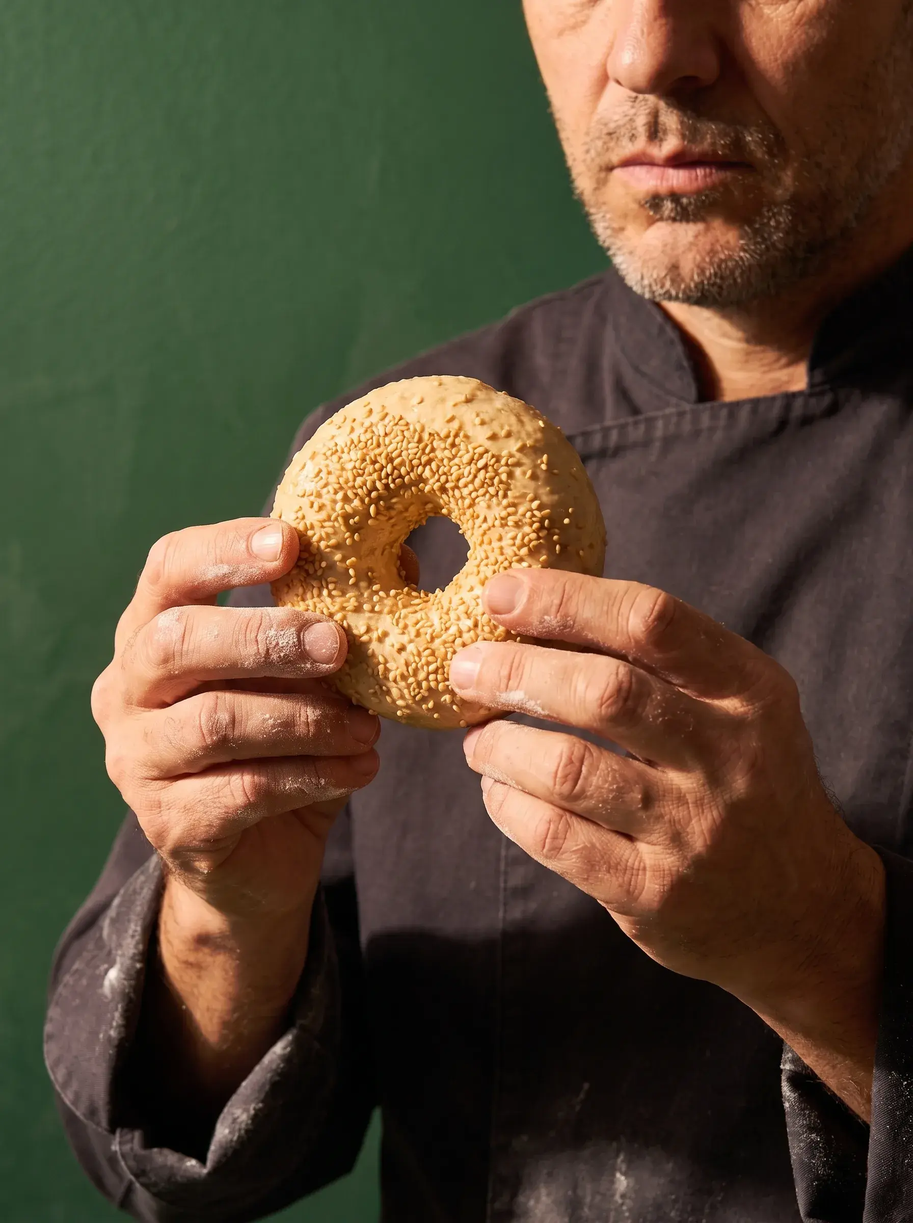 Boulanger tenant un bagel au sésame cru entre ses mains farineuses sur fond vert