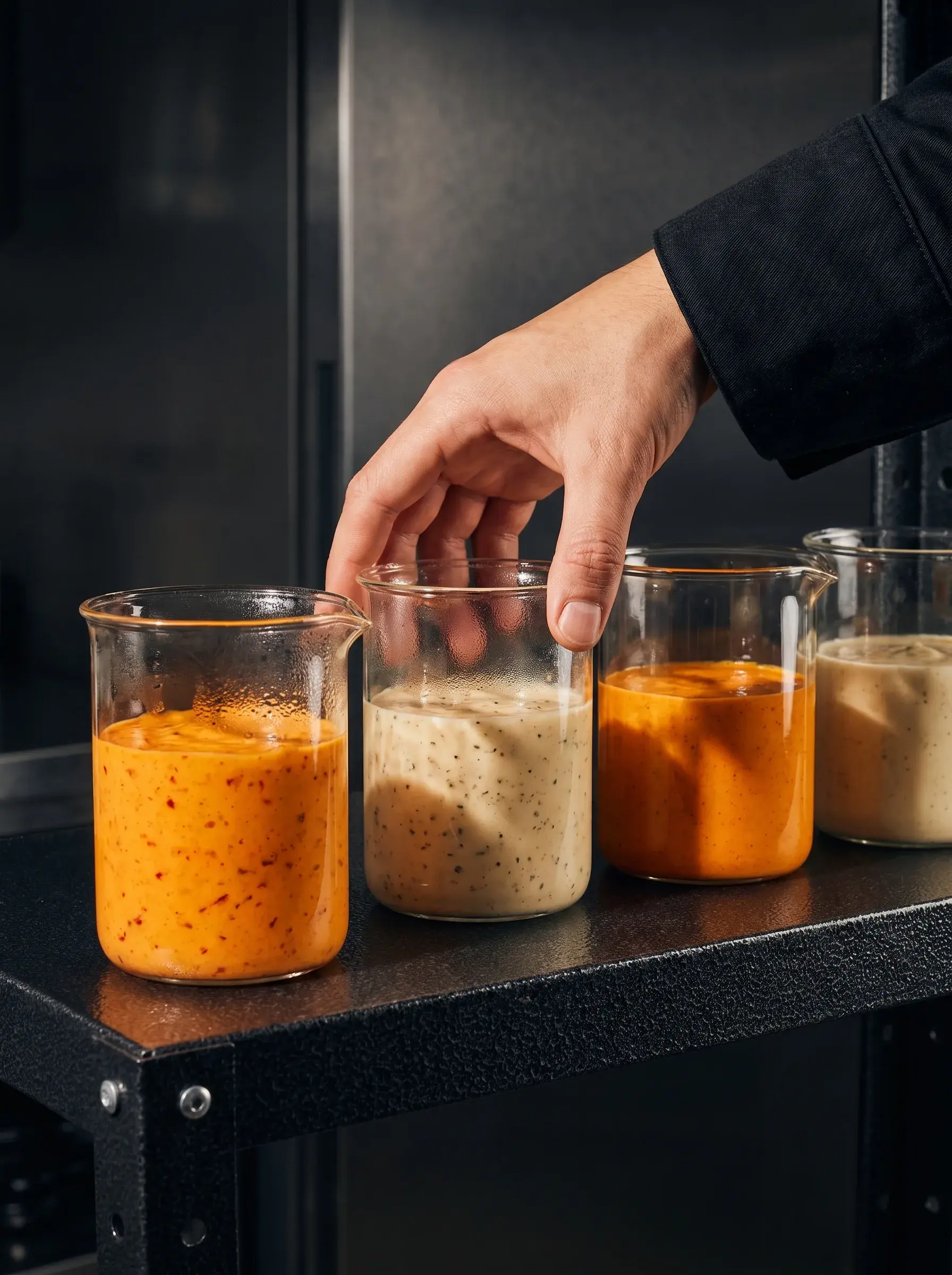 Main saisissant un bécher de sauce crémeuse parmi plusieurs sur étagère noire