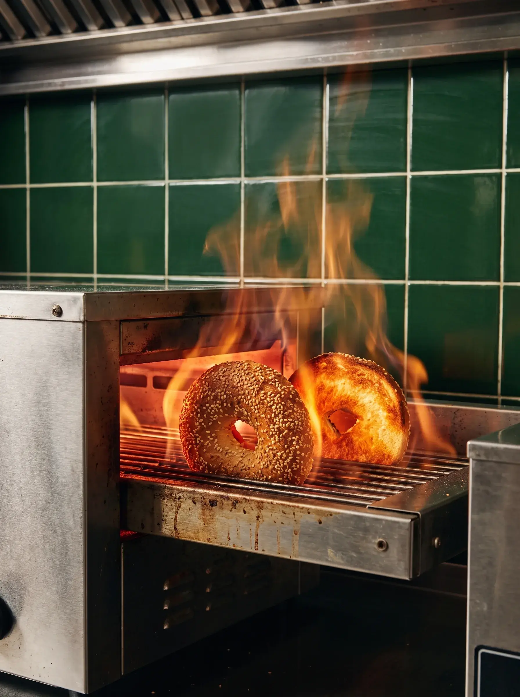 Deux bagels au sésame entourés de flammes vives sur la grille du four, carrelage vert