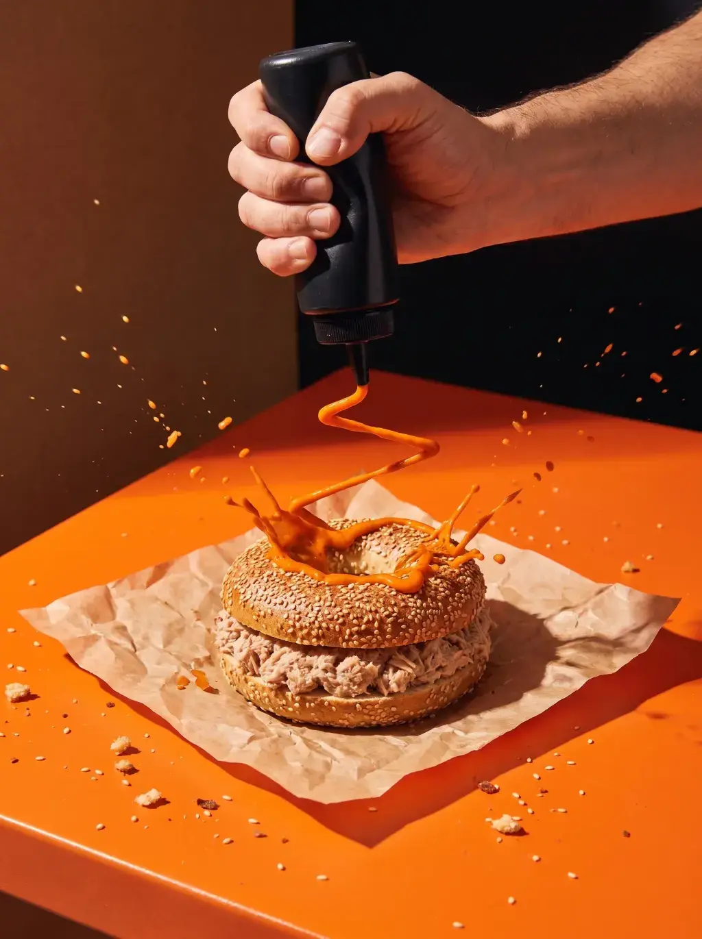 Main versant une spirale de sauce épicée orange sur un bagel pulled pork, fond orange