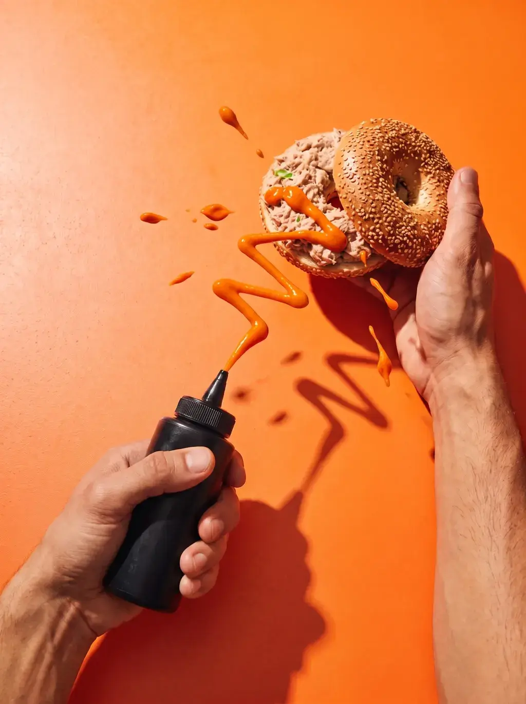 Mains versant de la sauce orange en zigzag depuis un flacon noir sur un bagel thon