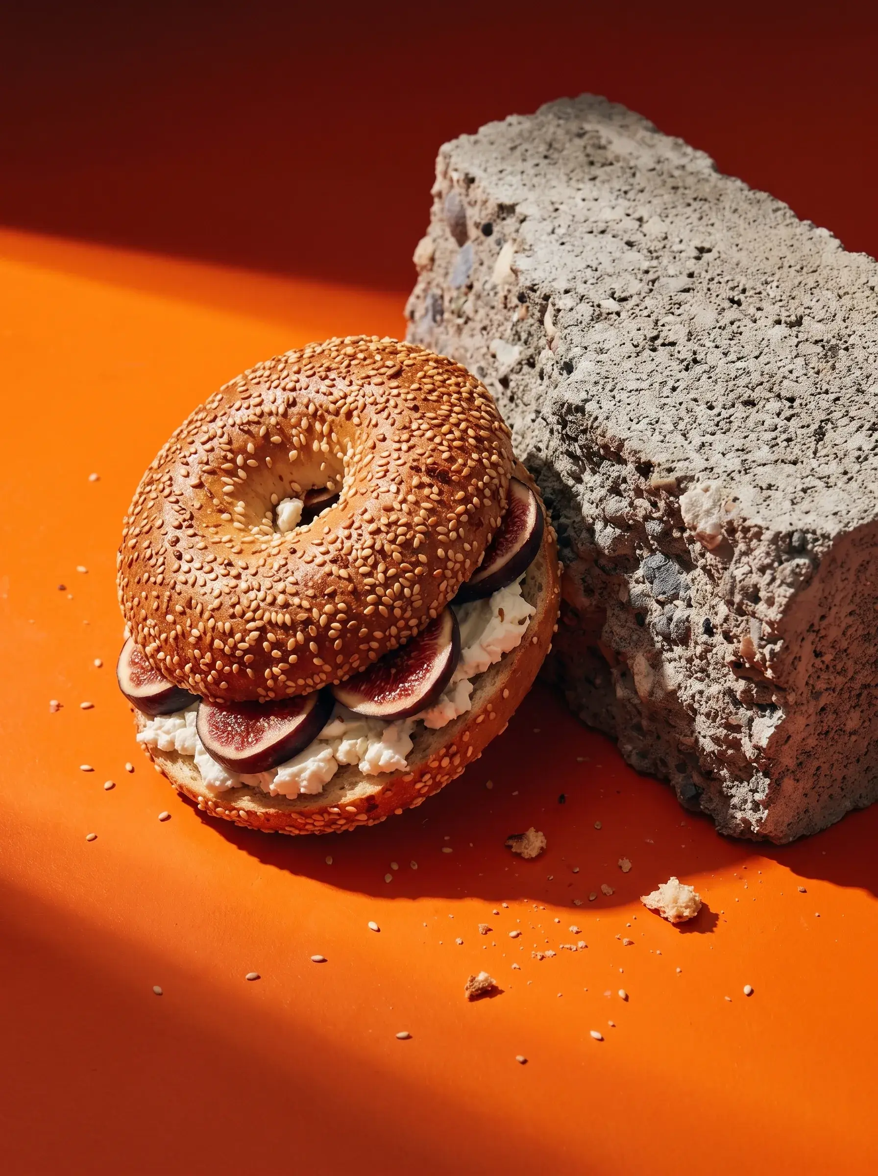 Bagel à la figue et cream cheese contre un bloc de béton brut sur fond orange vif