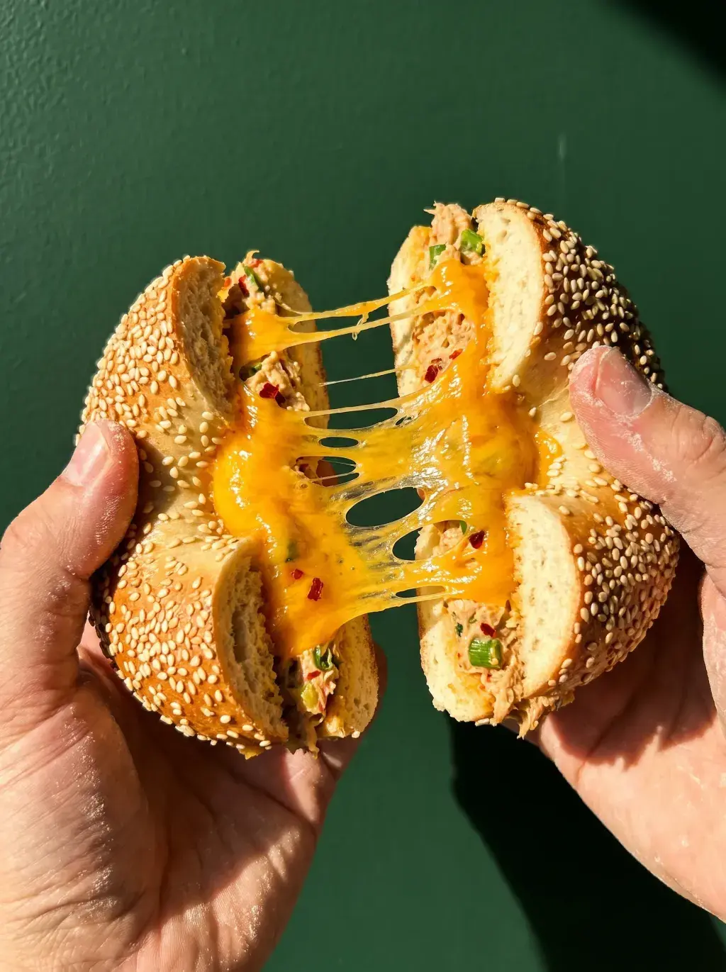 Mains tirant un bagel pour révéler un cheese pull spectaculaire au cheddar fondu