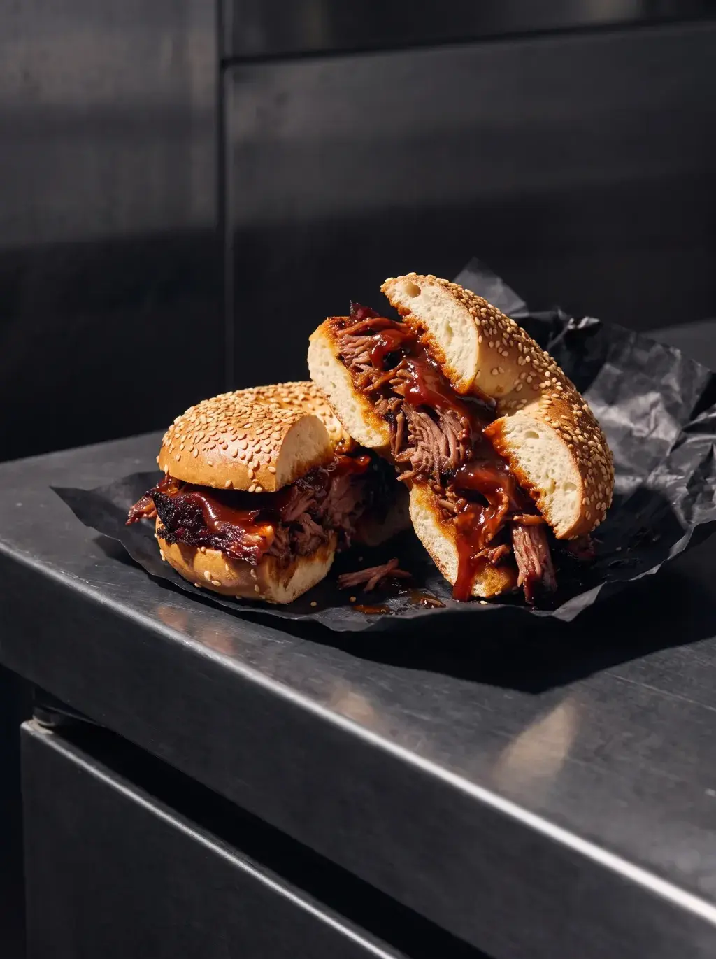 Deux demi-bagels brisket BBQ avec sauce sur papier Bagel's noir sur comptoir inox sombre
