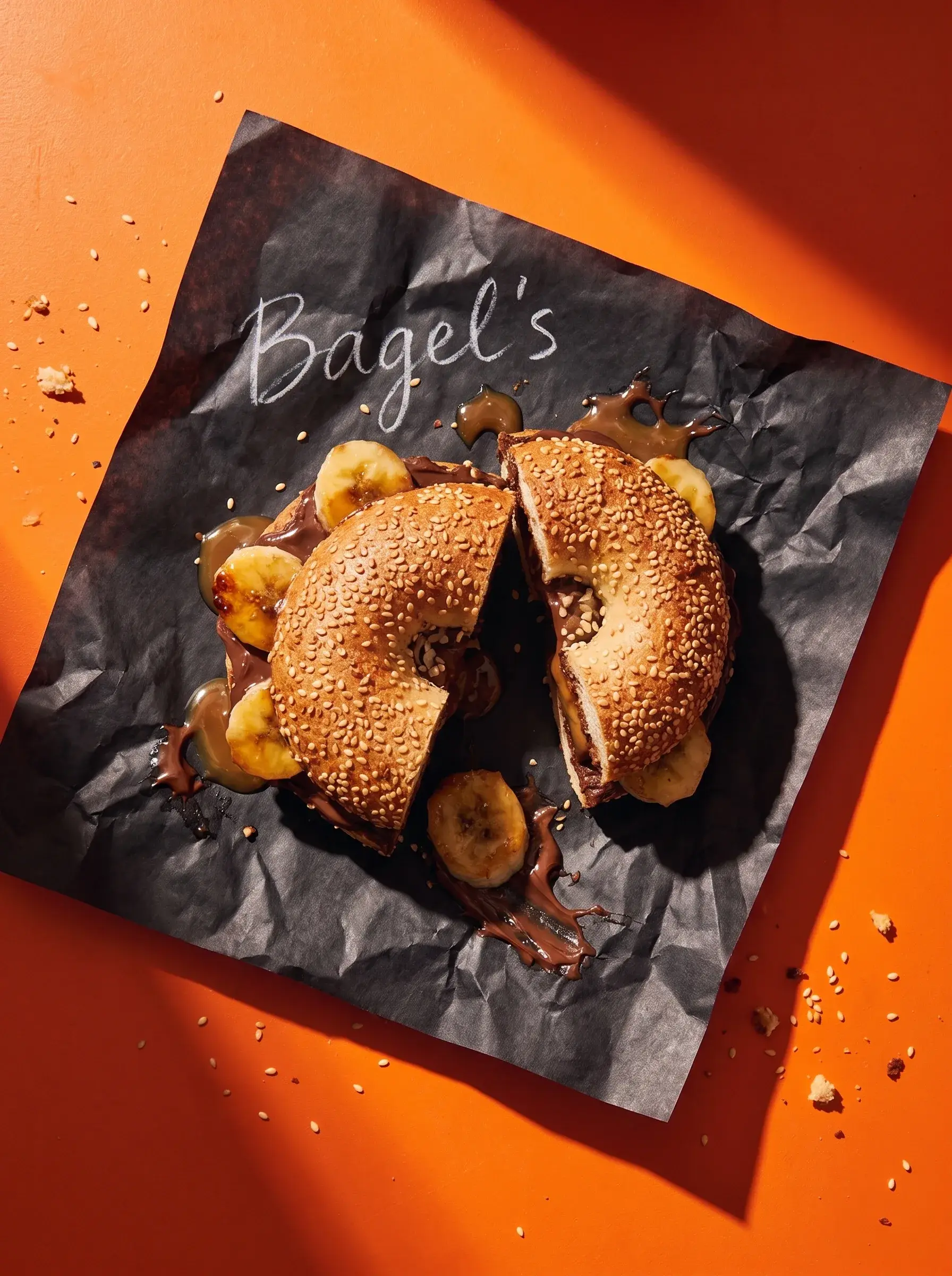 Bagel nutella banane coupé en deux sur papier Bagel's noir froissé sur fond orange