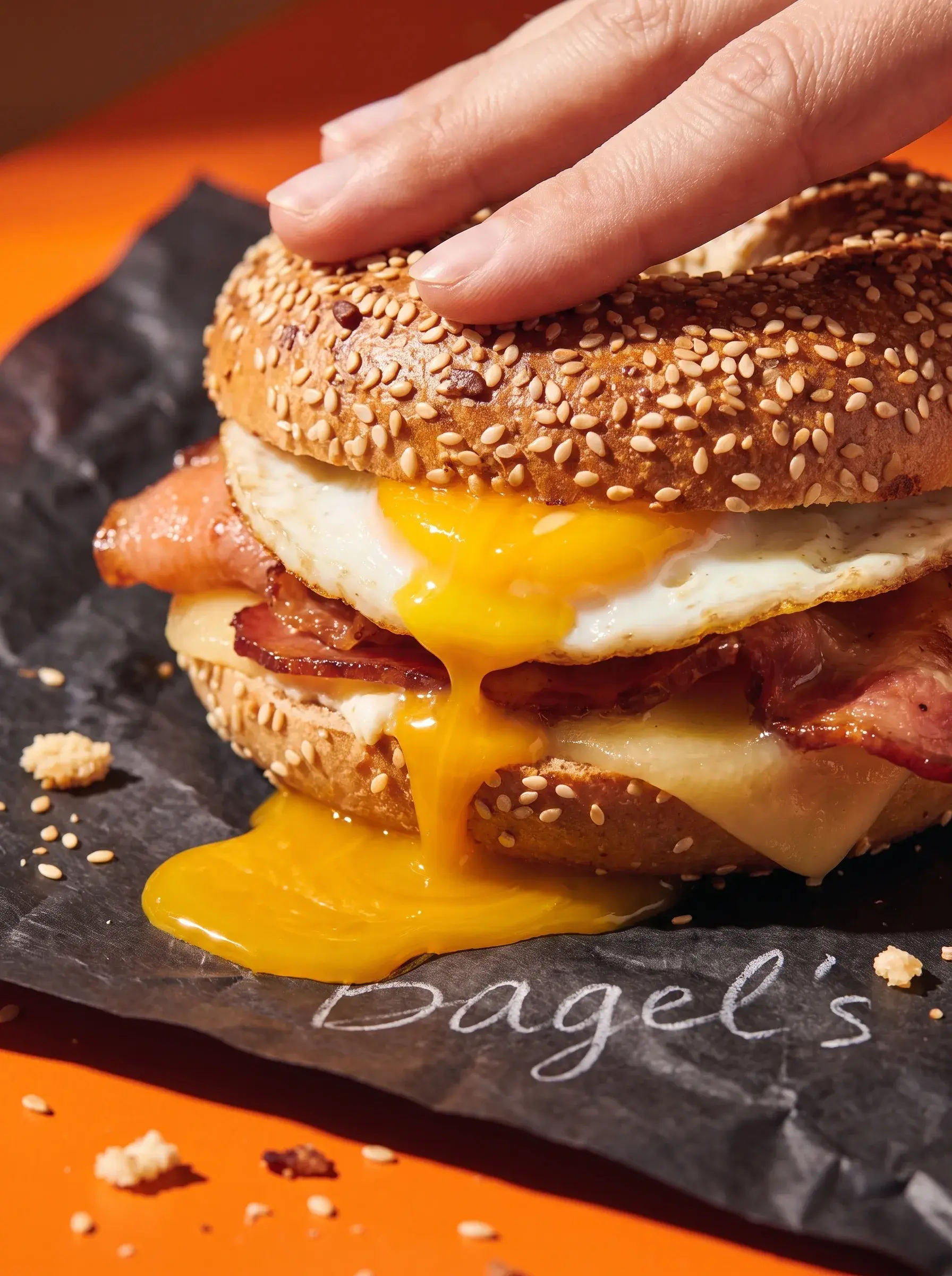 Main pressant un bagel bacon œuf coulant sur papier Bagel's noir sur fond orange
