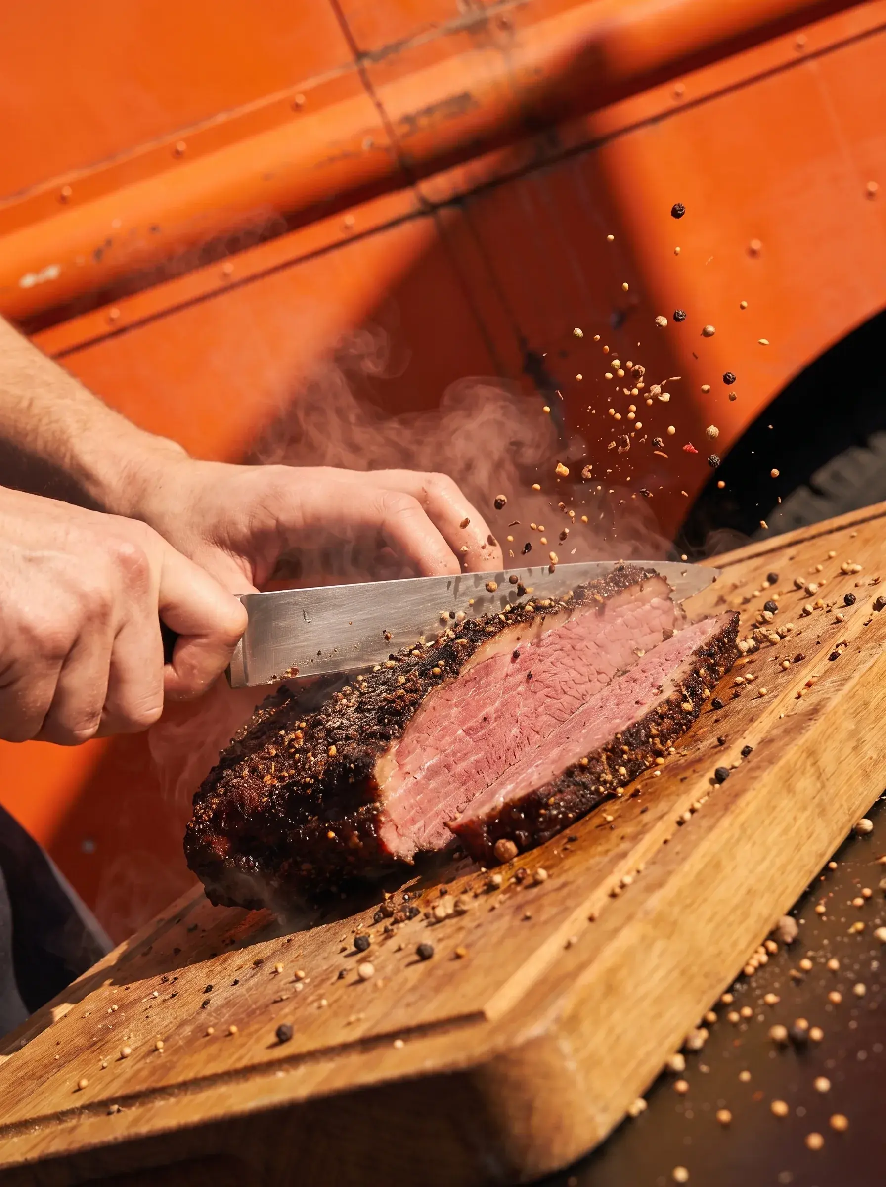 Mains tranchant un brisket fumant entier devant le food truck orange sur planche bois