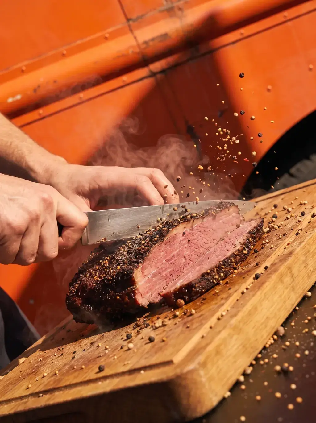 Mains tranchant un brisket fumant entier devant le food truck orange sur planche bois