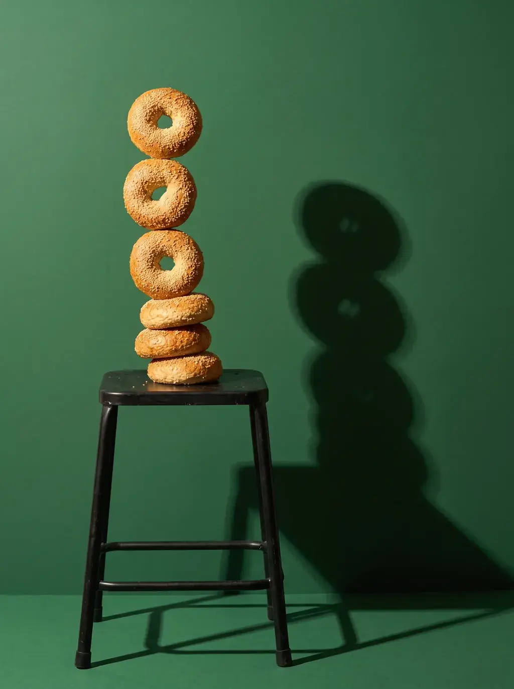Tour de cinq bagels au sésame en équilibre sur un tabouret noir sur fond vert