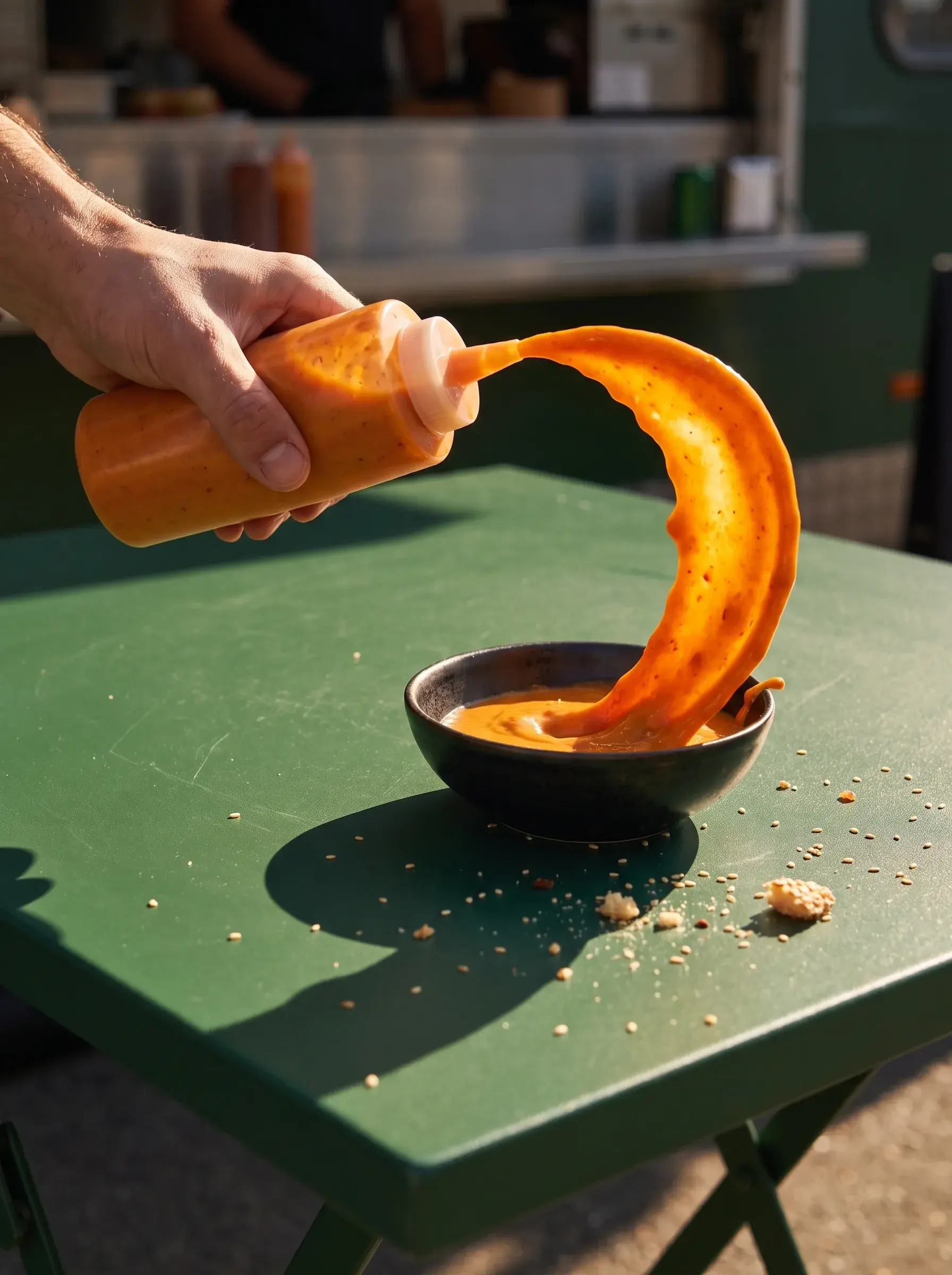 Main versant un filet de sauce épicée depuis une bouteille squeeze dans un bol noir sur table verte