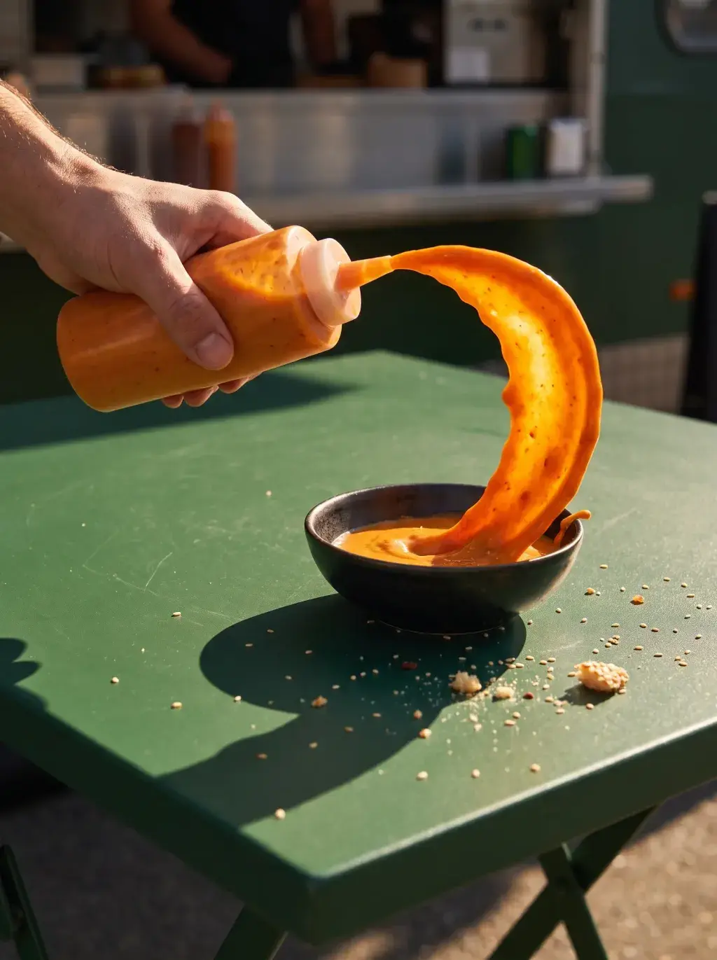 Main versant un filet de sauce épicée depuis une bouteille squeeze dans un bol noir sur table verte