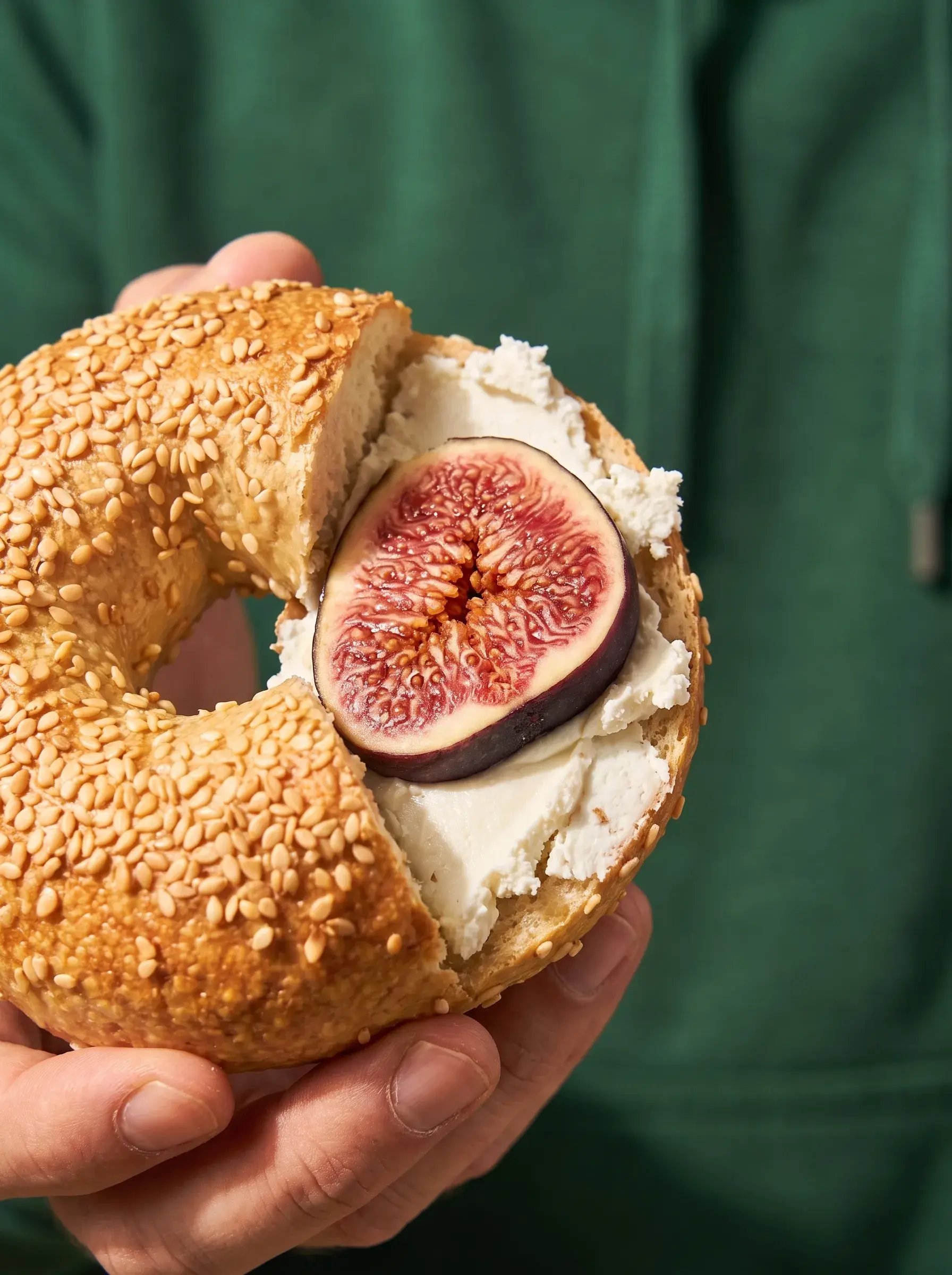 Main en sweat vert tenant un bagel ouvert avec figue fraîche et cream cheese