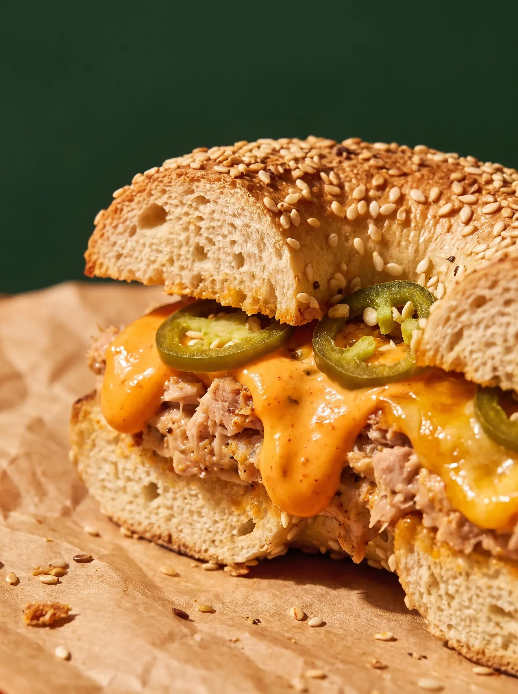 Bagel pulled pork sauce épicée orange et jalapeño sur papier kraft fond vert sombre