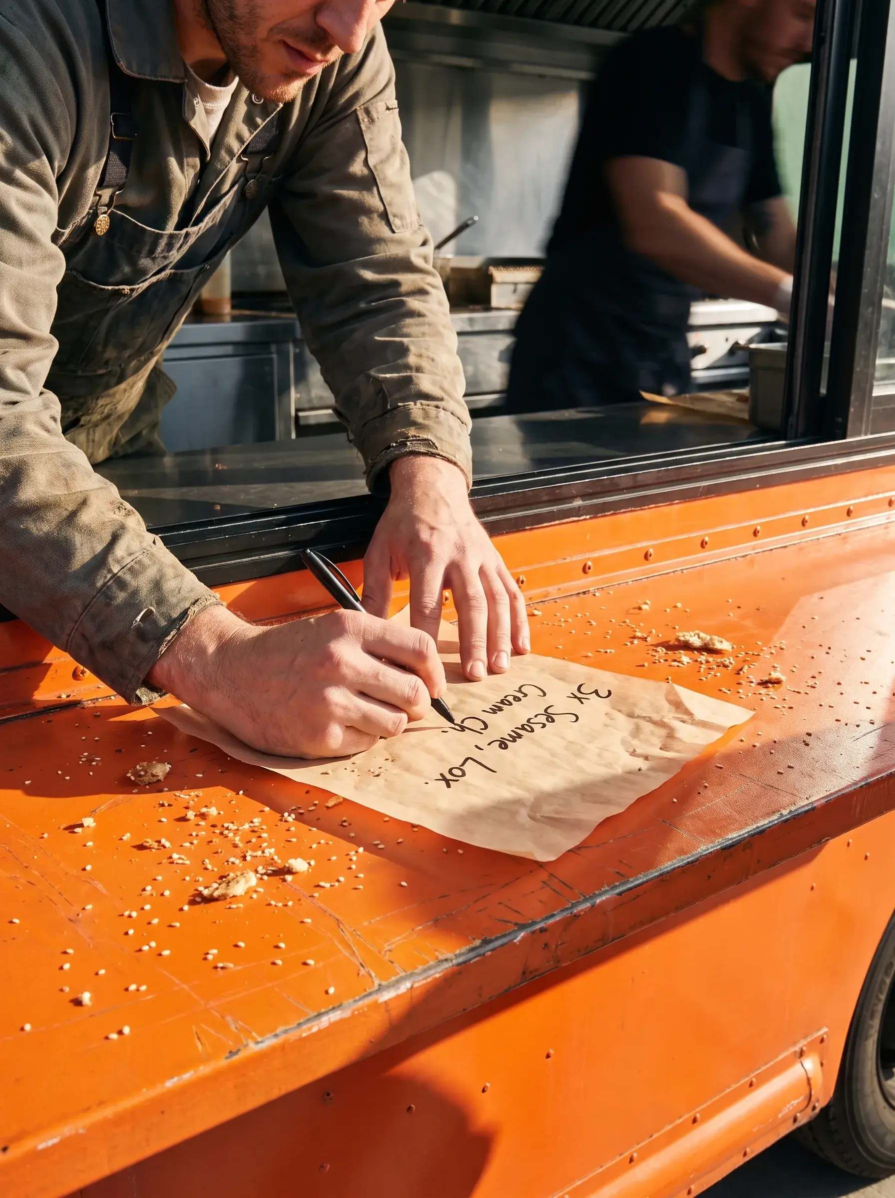 Cuisinier du food truck Bagel's écrivant une commande à la plume sur du papier brun posé sur la carrosserie orange