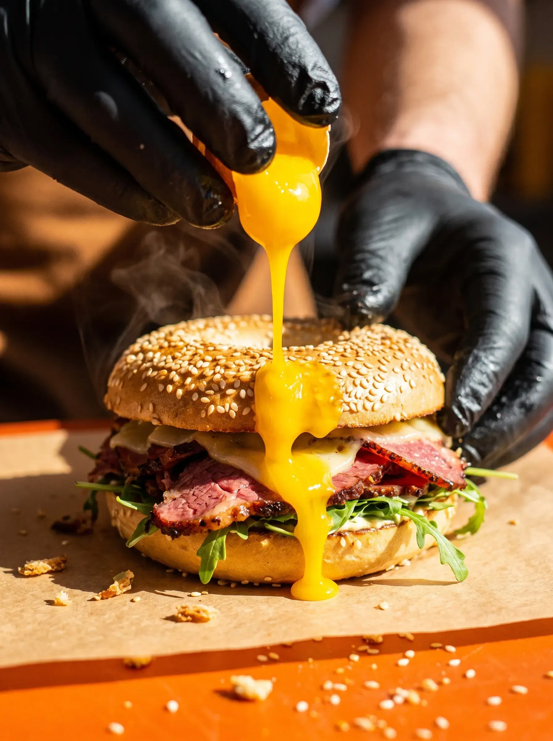 Mains gantées en noir cassant un œuf dont le jaune coule sur un bagel brisket avec roquette sur papier parchemin
