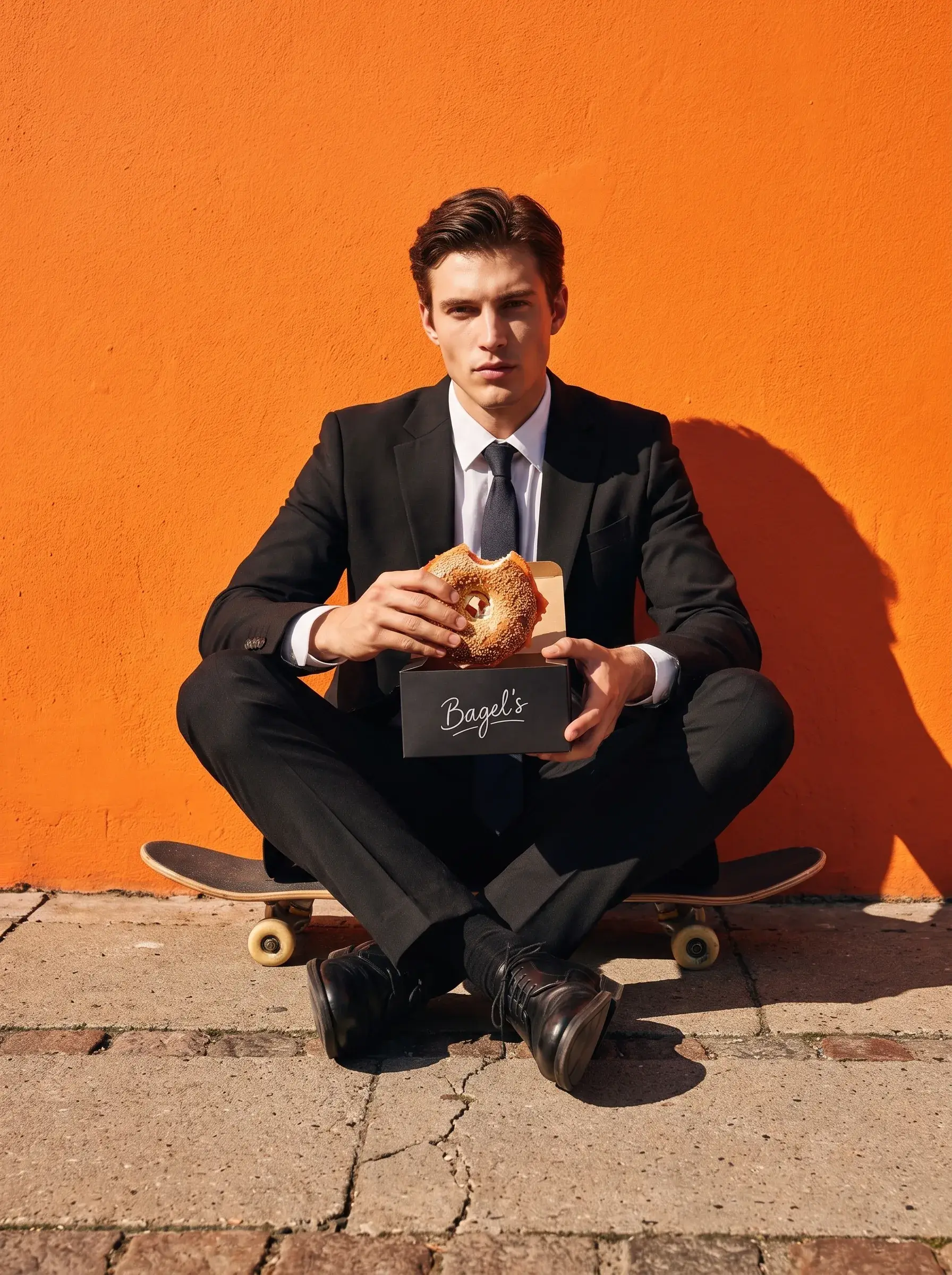 Jeune homme en costume noir assis sur un skateboard contre un mur orange tenant un bagel et sa boîte Bagel's