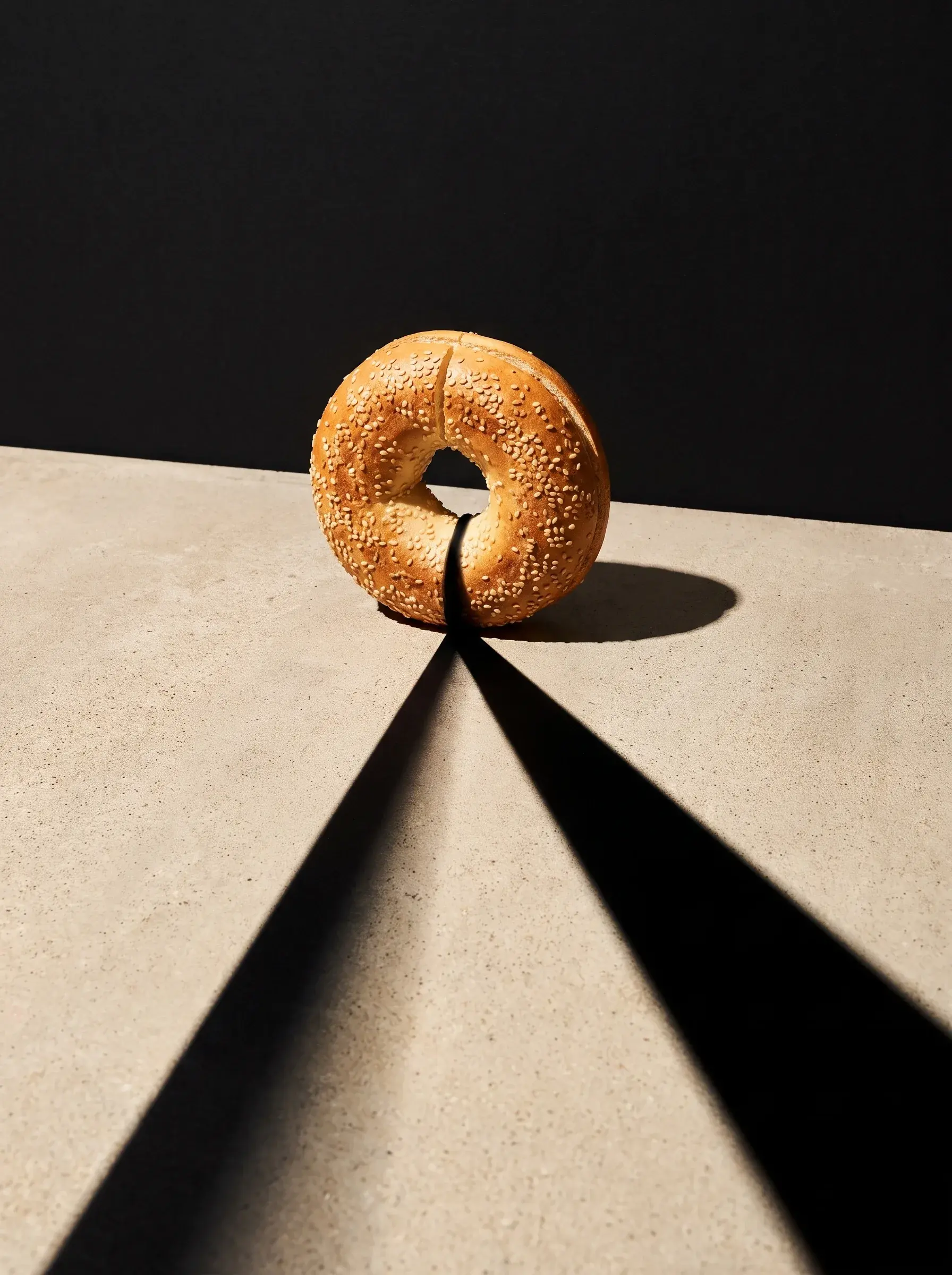 Bagel au sésame posé sur béton clair avec une longue ombre portée en triangle sur fond noir, composition minimaliste